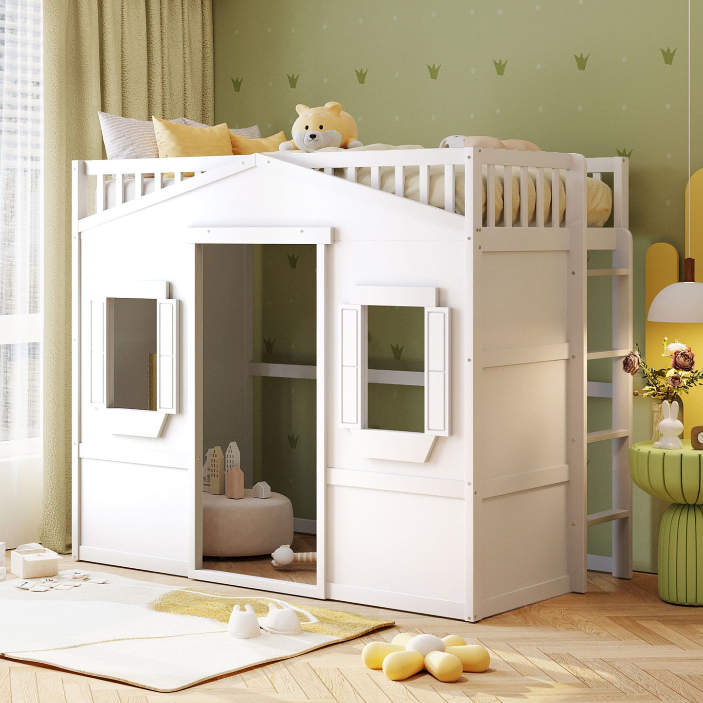Twin Size House Loft Bed With Ladder - White