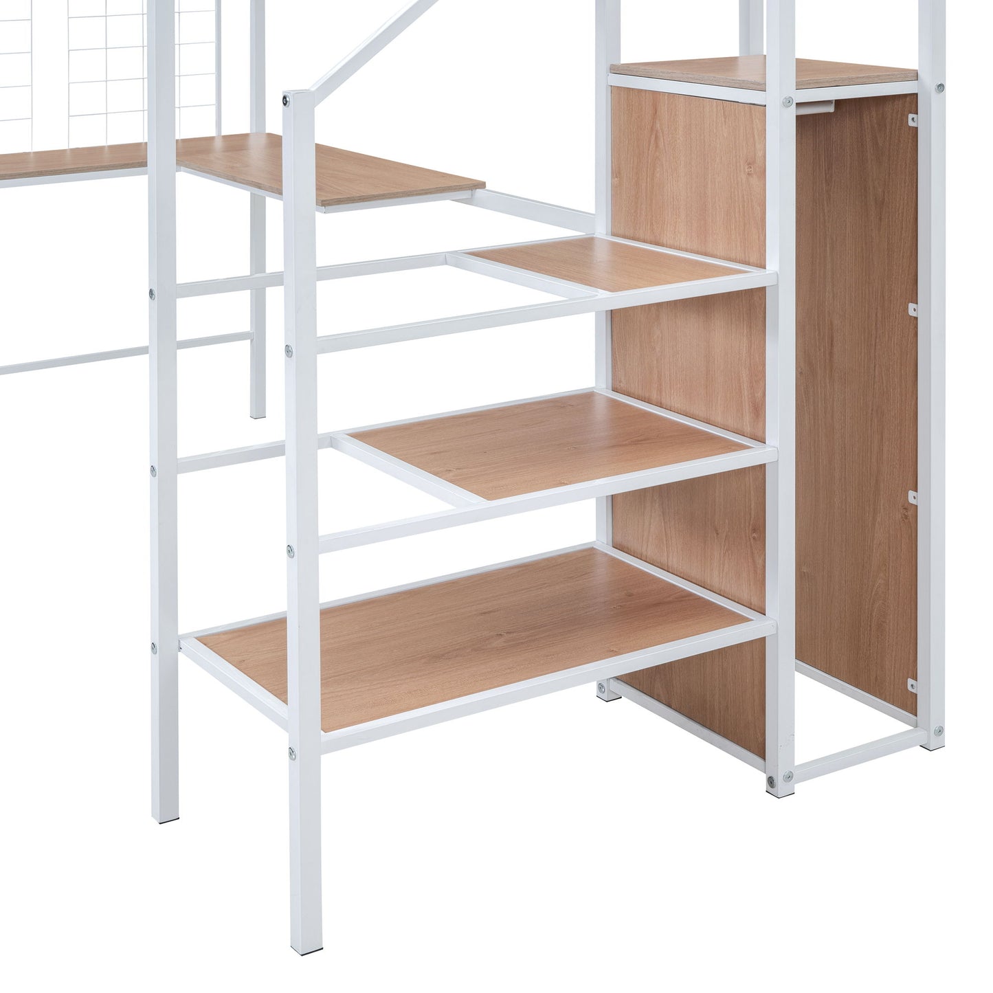 Twin Size Loft Bed With Desk And Grid, Stylish Frame With Lateral Storage Ladder And Wardrobe - White