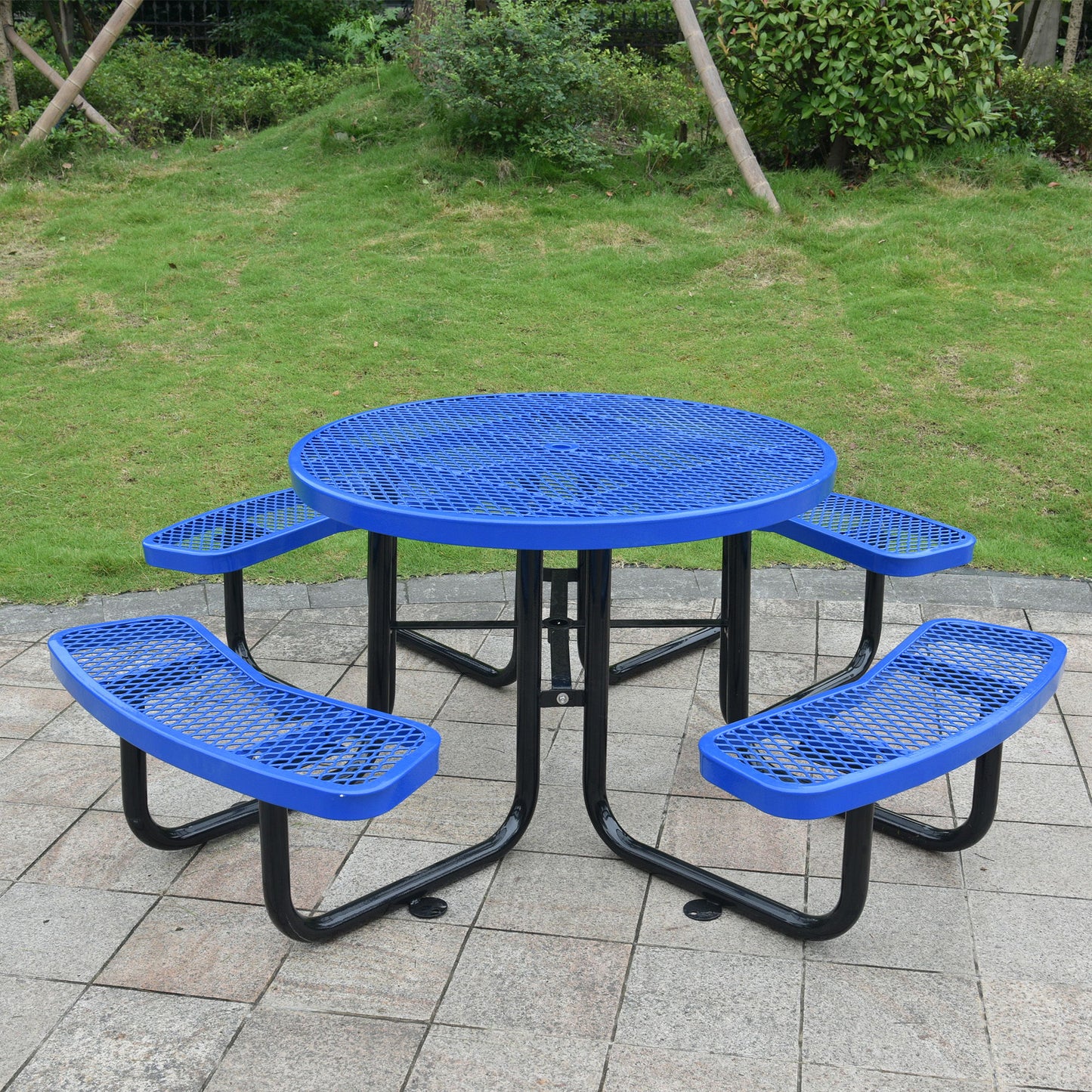 Round Outdoor Steel Picnic Table With Umbrella Pole - Blue