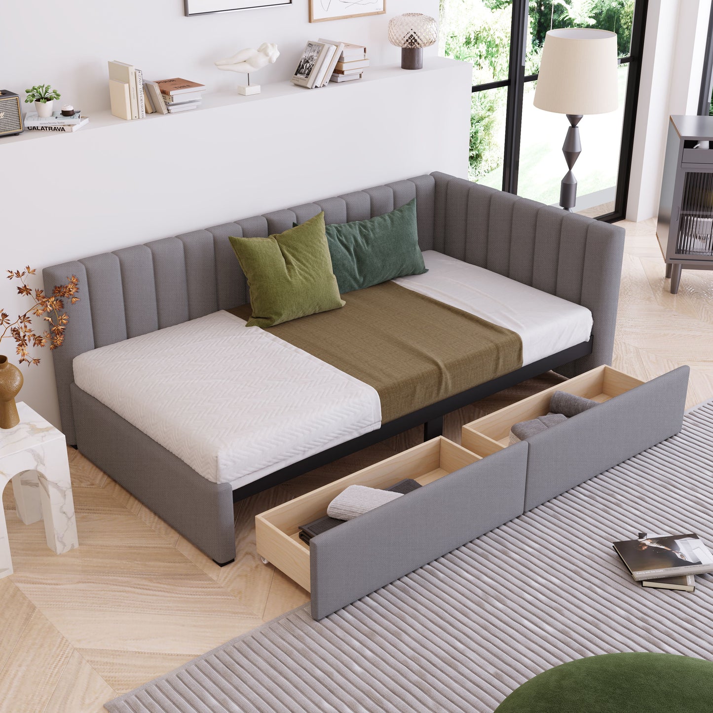 Twin Size Upholstered Daybed With 2 Storage Drawers, Sofa Bed Frame No Box Spring Needed - Gray