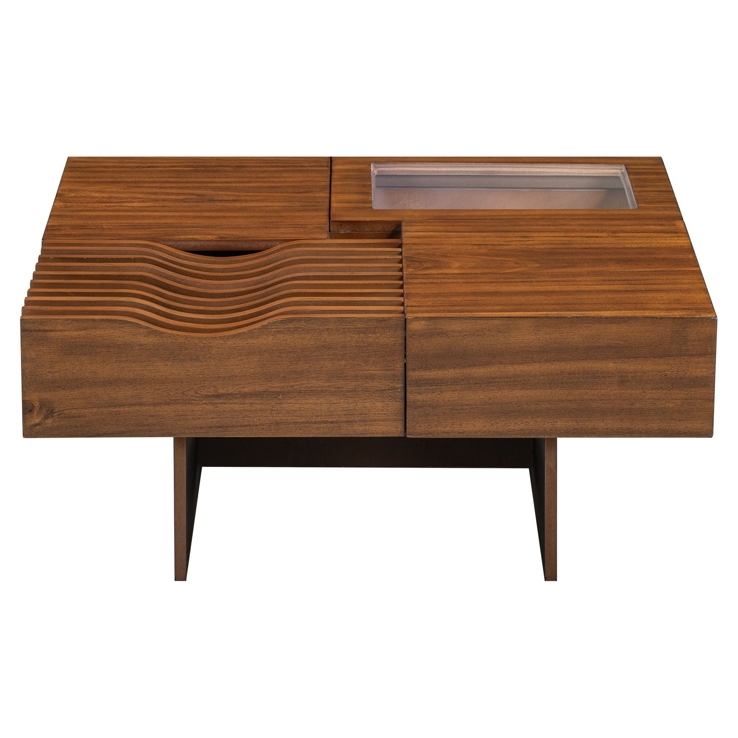 Mid Century Modern Coffee Table, Unique Square Wooden Coffee Table With 3 Drawers, Tempered Glass And Solid Wood Legs For Living Room - Brown