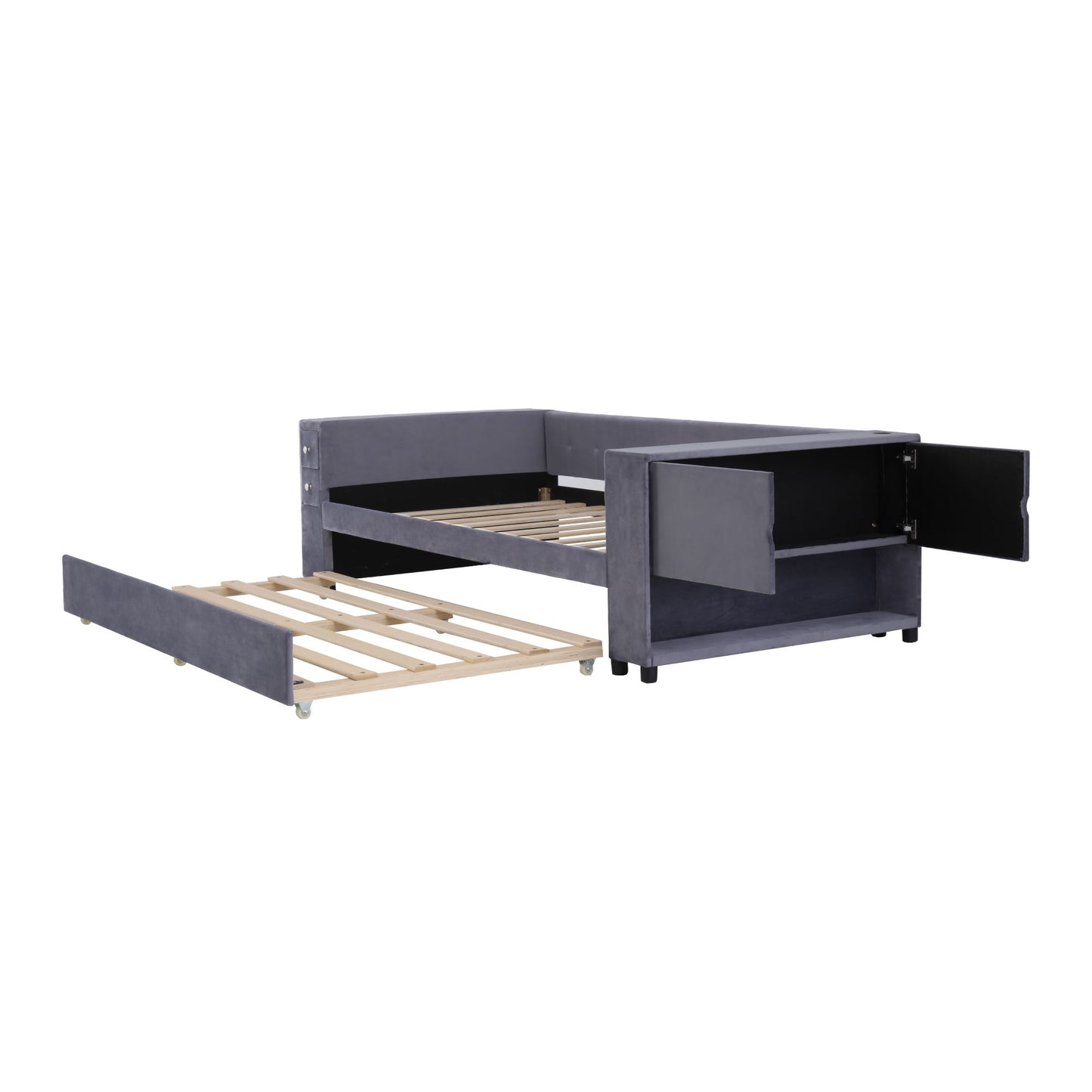 Twin Upholstered Bed With Storage And Twin Trundle, USB Charging Ports - Gray