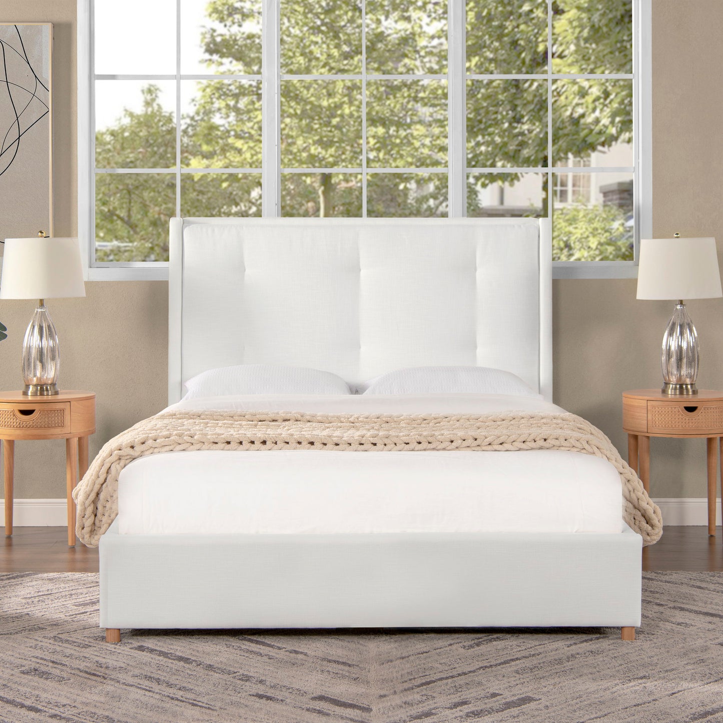 Miramar - Queen Cushion Back Headboard Platform Bed Frame - Antique White