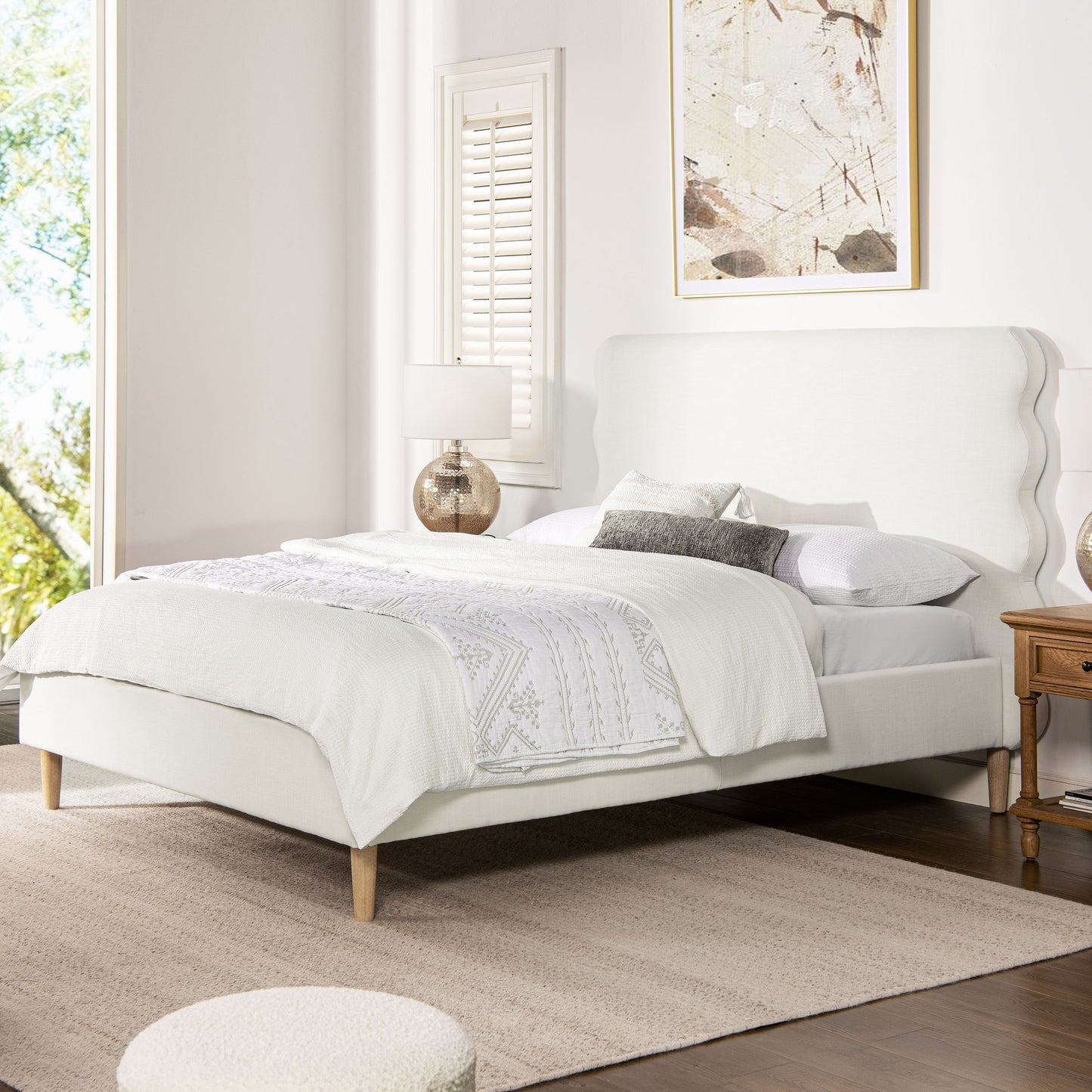 Stockholm - Queen Modern Wavy Headboard Platform Bed - Antique White
