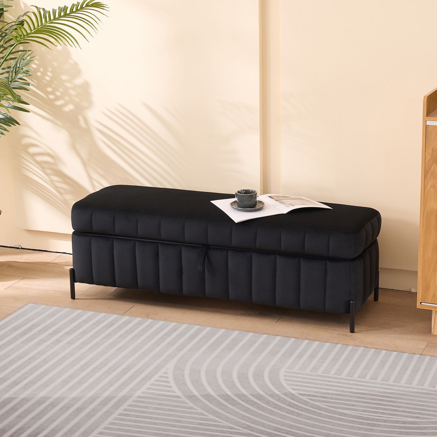 Wide Upholstered Velvet Storage Soft Bench Footstool Ottoman End Of Bed With Metal Legs, Foot Rest For Living Room, Entryway And Bedroom - Black
