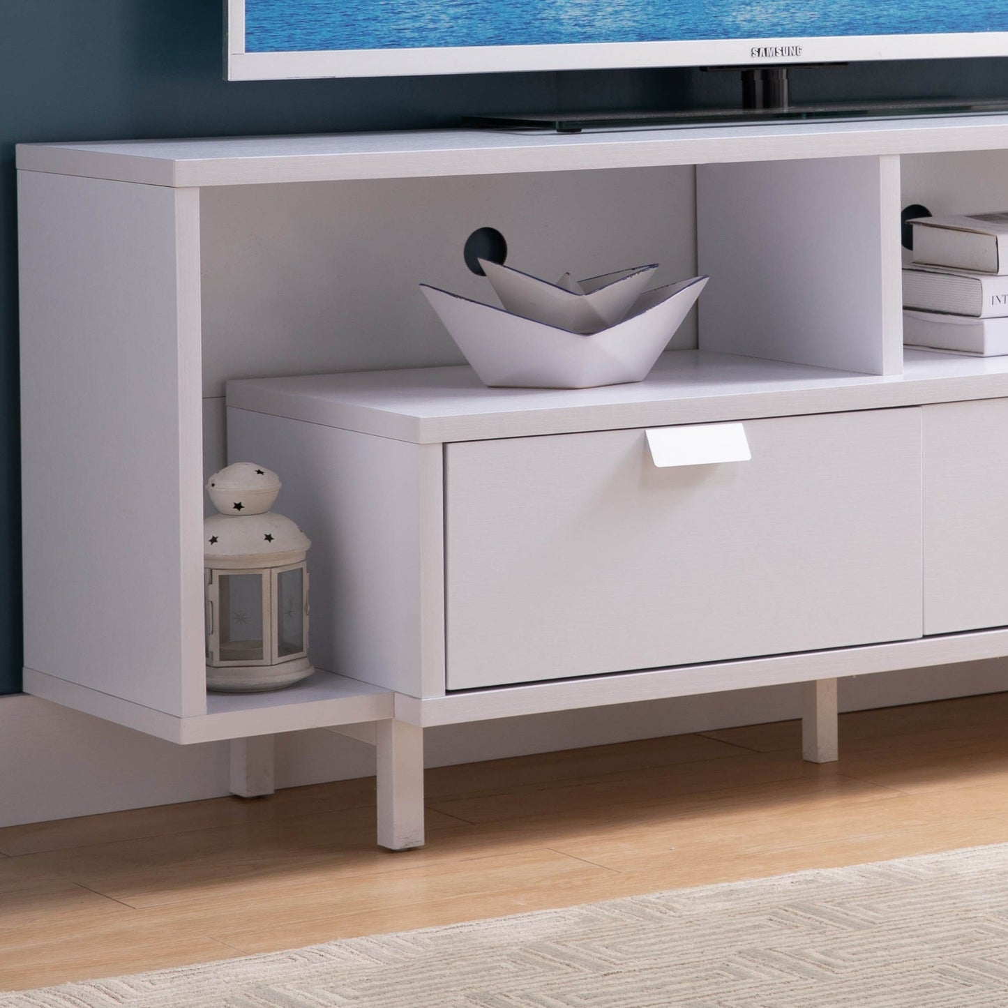 Modern TV Stand With Two Shelves And Two Drawers - White