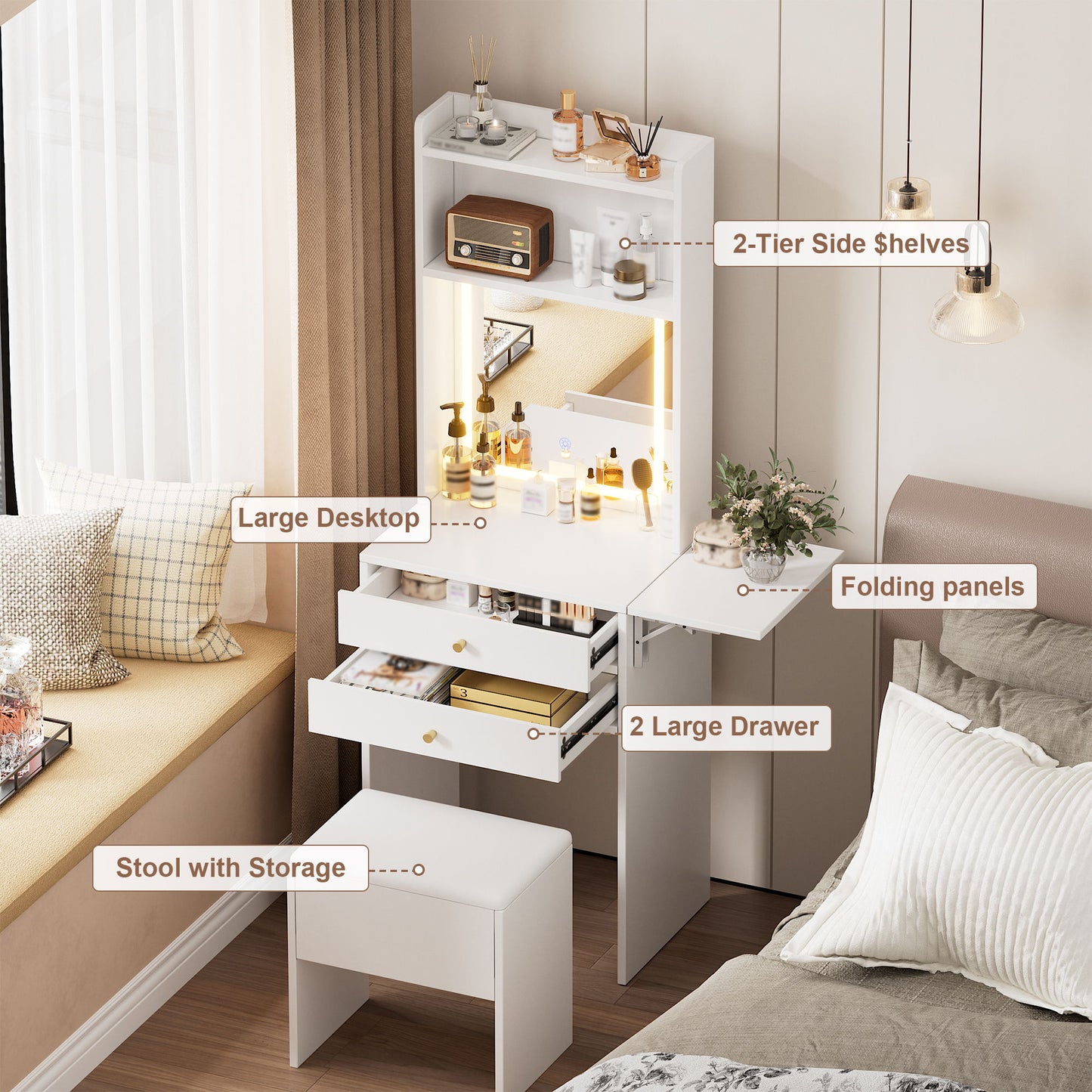 Contemporary Small Space Vanity Table Set With Adjustable Lighted Mirror And Storage Chair - White