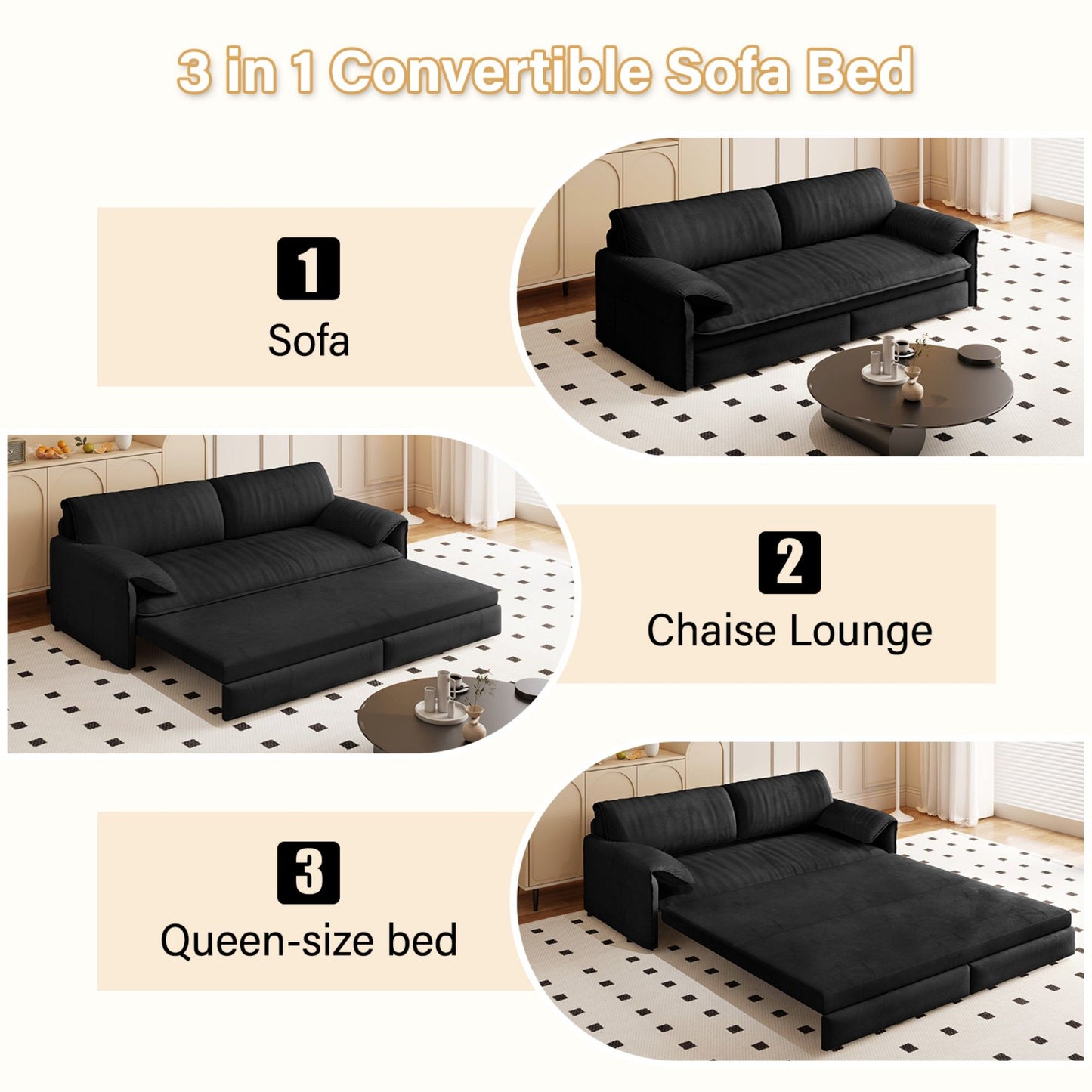 Queen Pull Out Sofa Bed, 3 In 1 Convertible Sleeper Sofa With Side Storage Multifunctional Velvet Loveseat Bed For Living Room - Black
