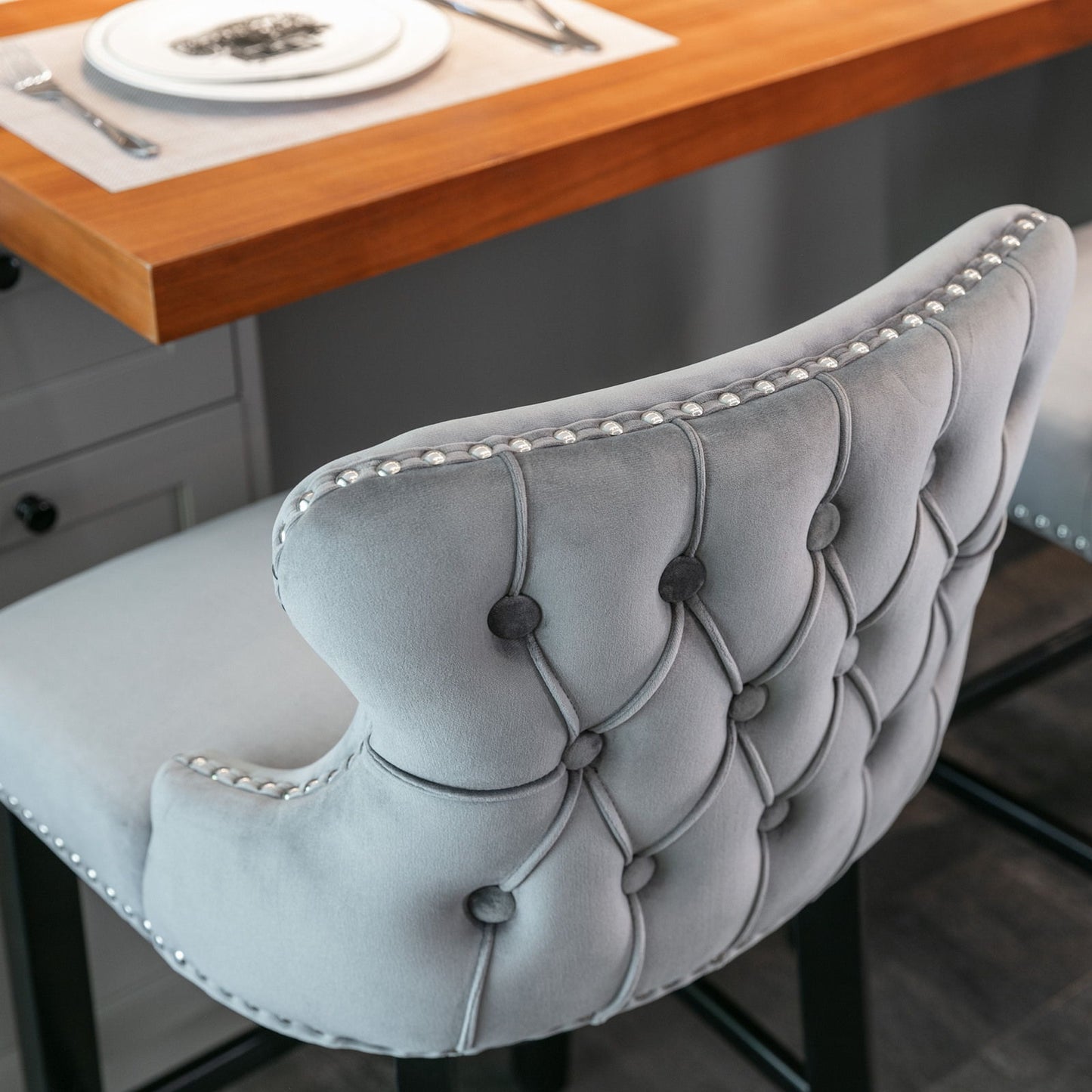 Contemporary Velvet Upholstered Wing-Back Barstools With Button Tufted Decoration And Wooden Legs, And Chrome Nailhead Trim, Leisure Style Bar Chairs, Bar Stools (Set of 4) - Gray