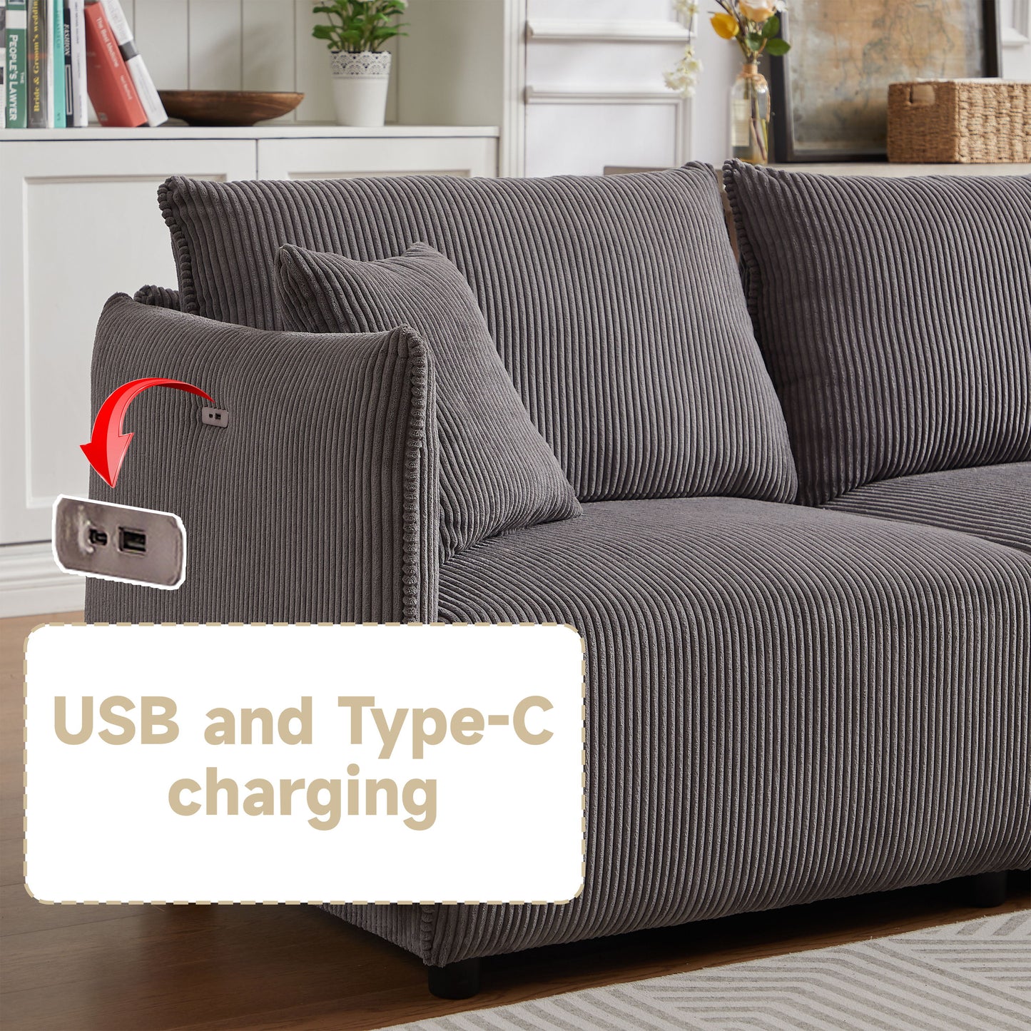 Multi Module Combination Style Sofa For Living Room And Other Lounge Spaces, Modern Minimalist Corduroy Combination Sofa With 2 Comfort Cushions With USB & C Charging Ports - Gray
