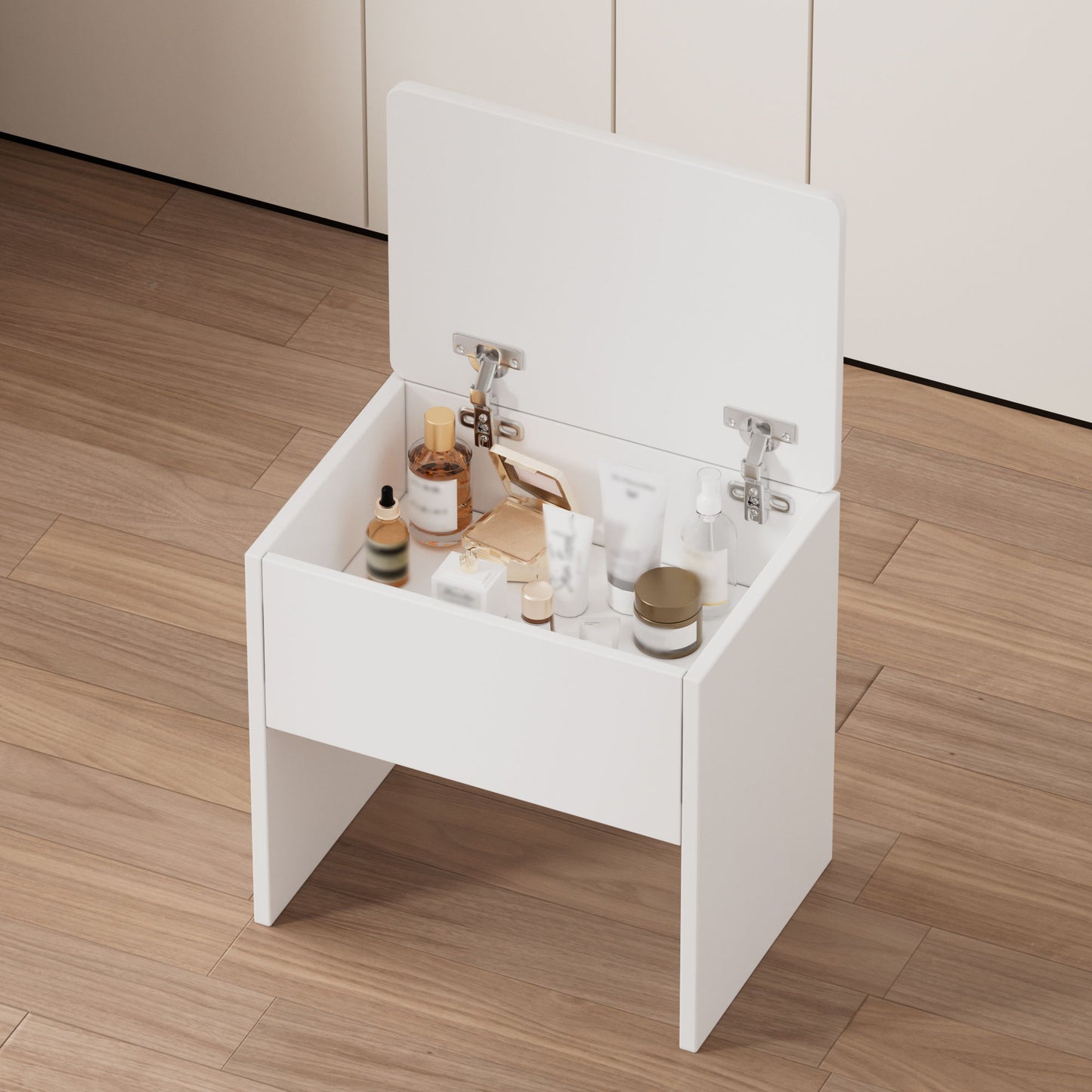 Contemporary Small Space Vanity Table Set With Adjustable Lighted Mirror And Storage Chair - White