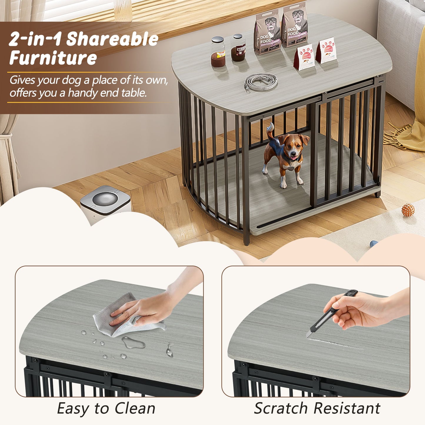 Furniture Style Dog Crate For Small And Medium Dogs, Wooden Cage Indoor Kennel Furniture, Modern Dog Crate End Table With Double Doors - Gray