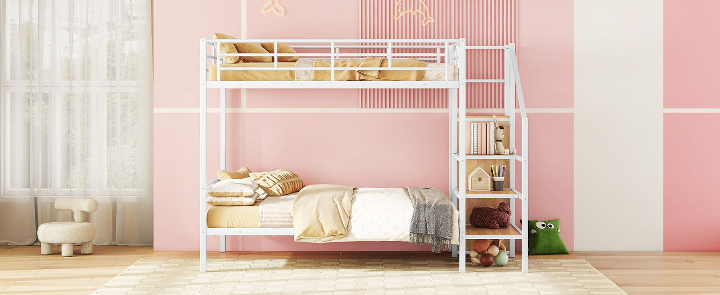 Full Over Full Bunk Bed With Lateral Storage Ladder And Wardrobe - White