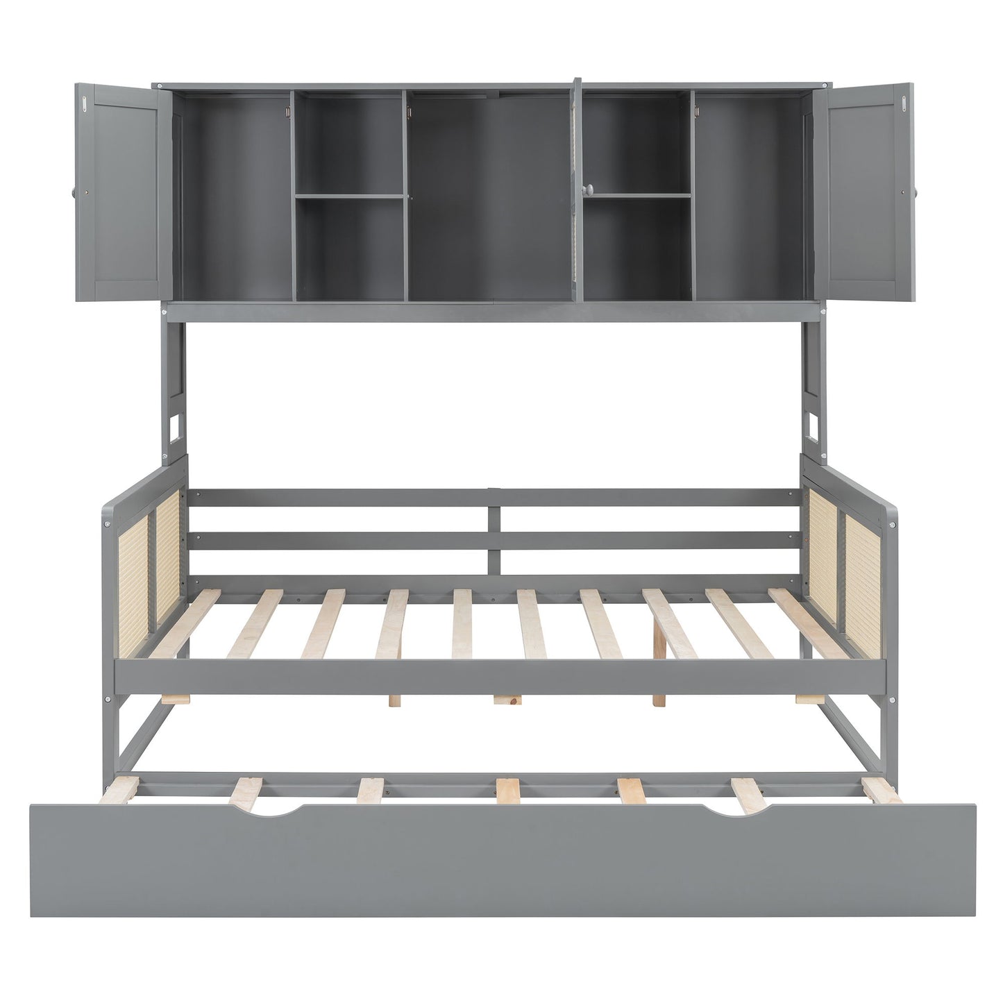 Full Size Wooden Daybed & Twin Size Trundle, And All In One Cabinet And Shelf - Gray