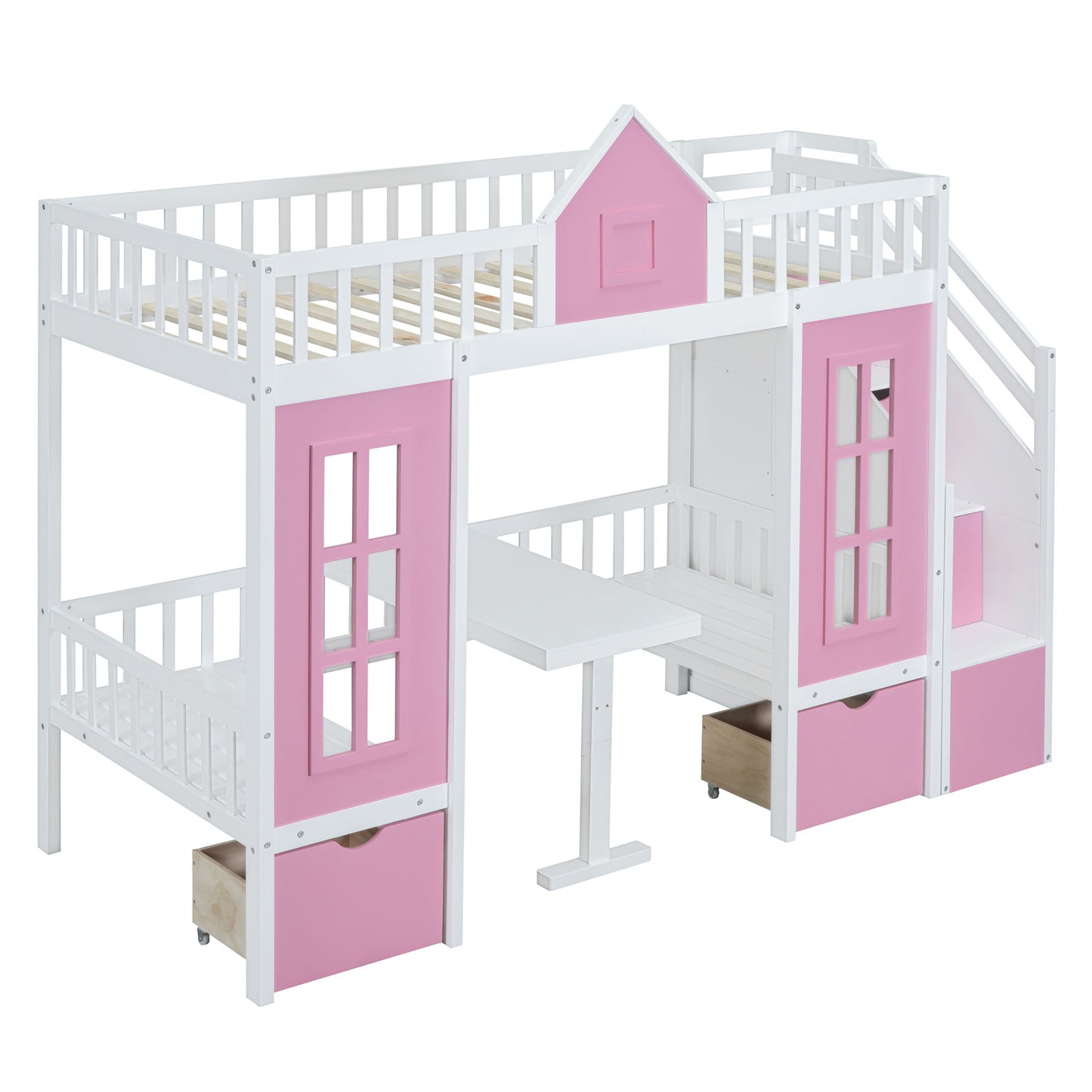 Twin Over Twin Bunk Bed With Changeable Table, Bunk Bed Turn Into Upper Bed And Down Desk - Pink