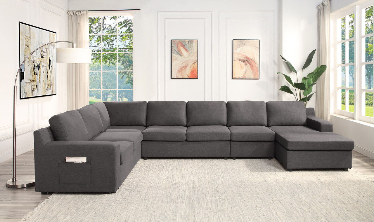Waylon - 7 Seater U-Shape Sectional Sofa Chaise With Pocket - Gray