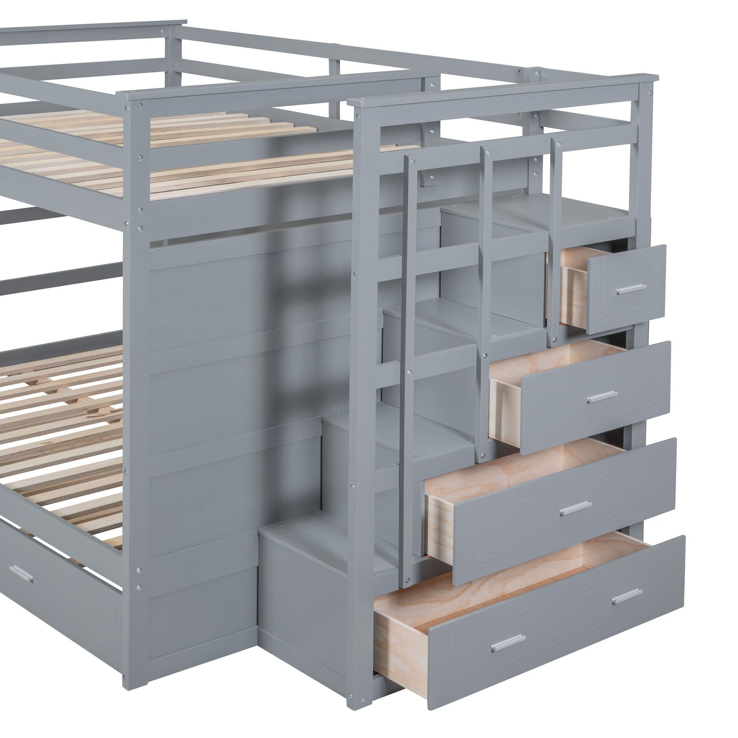 Full Over Full Bunk Bed With Twin Size Trundle And Staircase - Gray