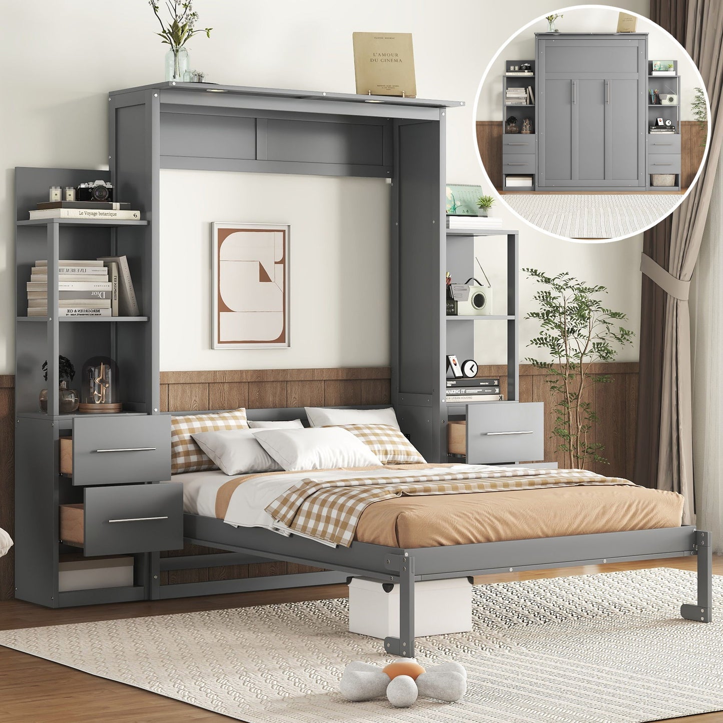 Full Size Murphy Wall Bed With Shelves, Drawers And LED Lights - Gray