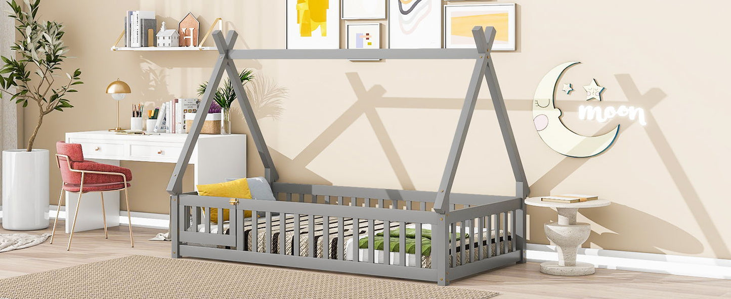 Twin Tent-Shaped Floor Bed, With Guardrails, Slats, Door - Gray