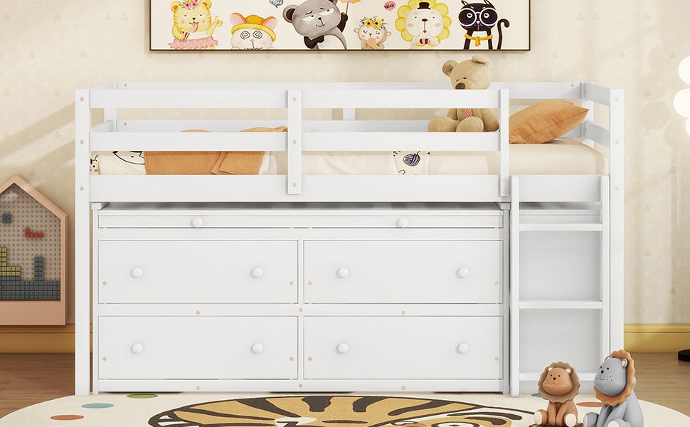 Twin Size Loft Bed With Retractable Writing Desk And 4 Drawers, With Lateral Portable Desk And Shelves - White