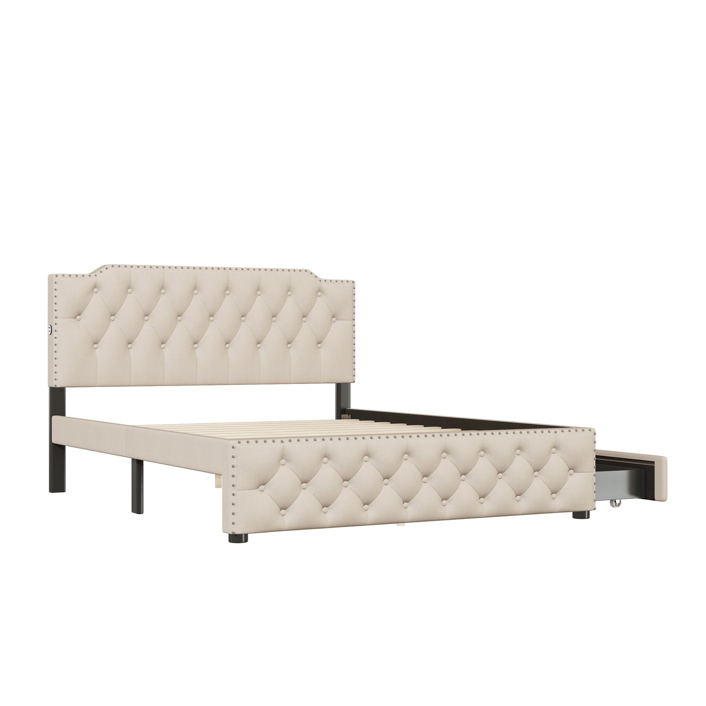 Queen Size Upholstered Platform Bed With 2 Drawers And 2 Sets Of USB Ports On Each Side - Beige