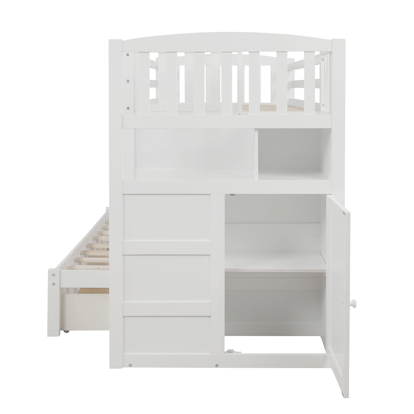 Twin Over Full / Twin Bunk Bed, Convertible Bottom Bed, Storage Shelves And Drawers - White