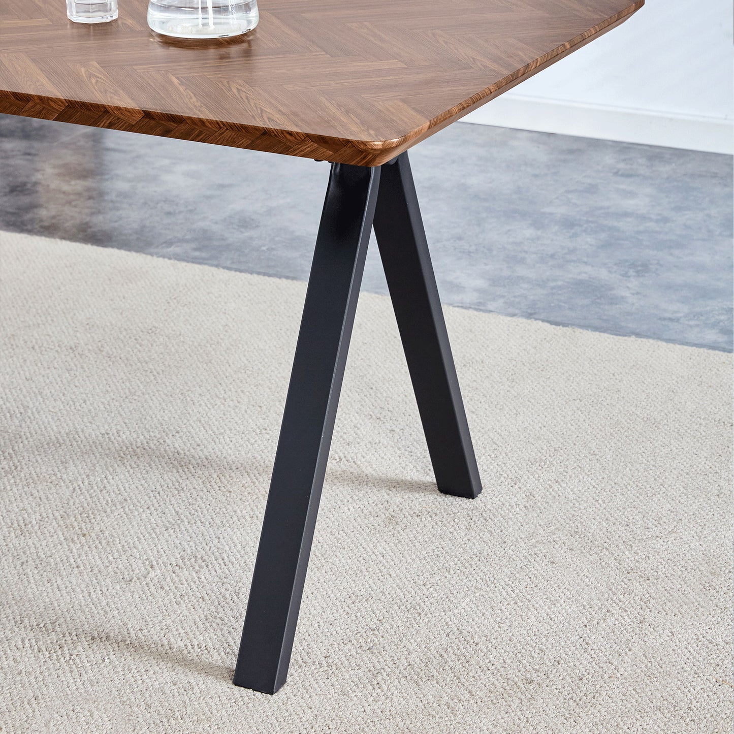 Modern Transferred Leg Backrest Dining Chair And Herringbone Dining Table Set Model Of Elegance And Durability For Home Furnishing - Brown / Walnut