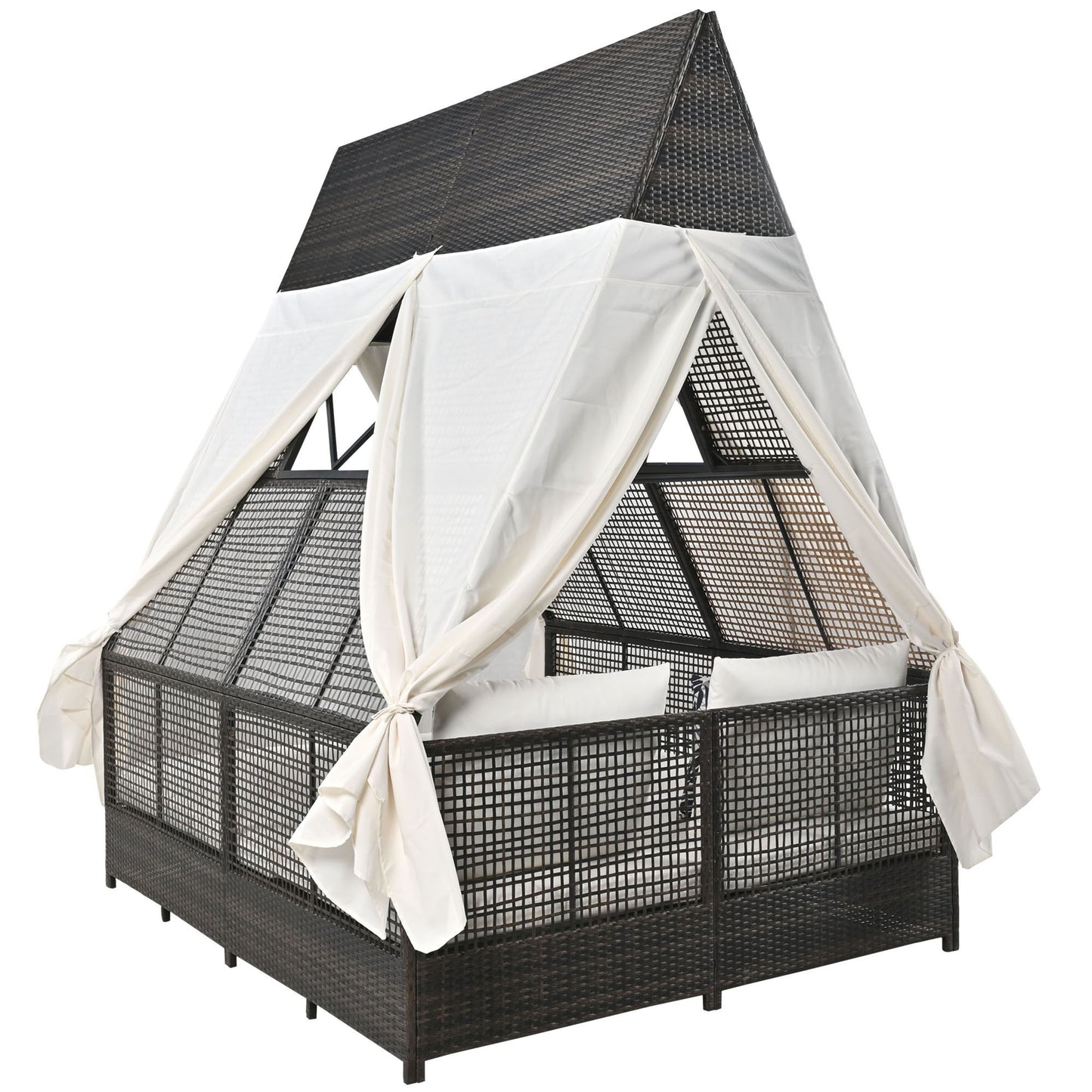 Outdoor Daybed Patio Lounge Bed With Adjustable Backrest Double Sun Lounger With Curtains, 4 Pillows For Garden Patio Poolside Balcony Beach - Cream
