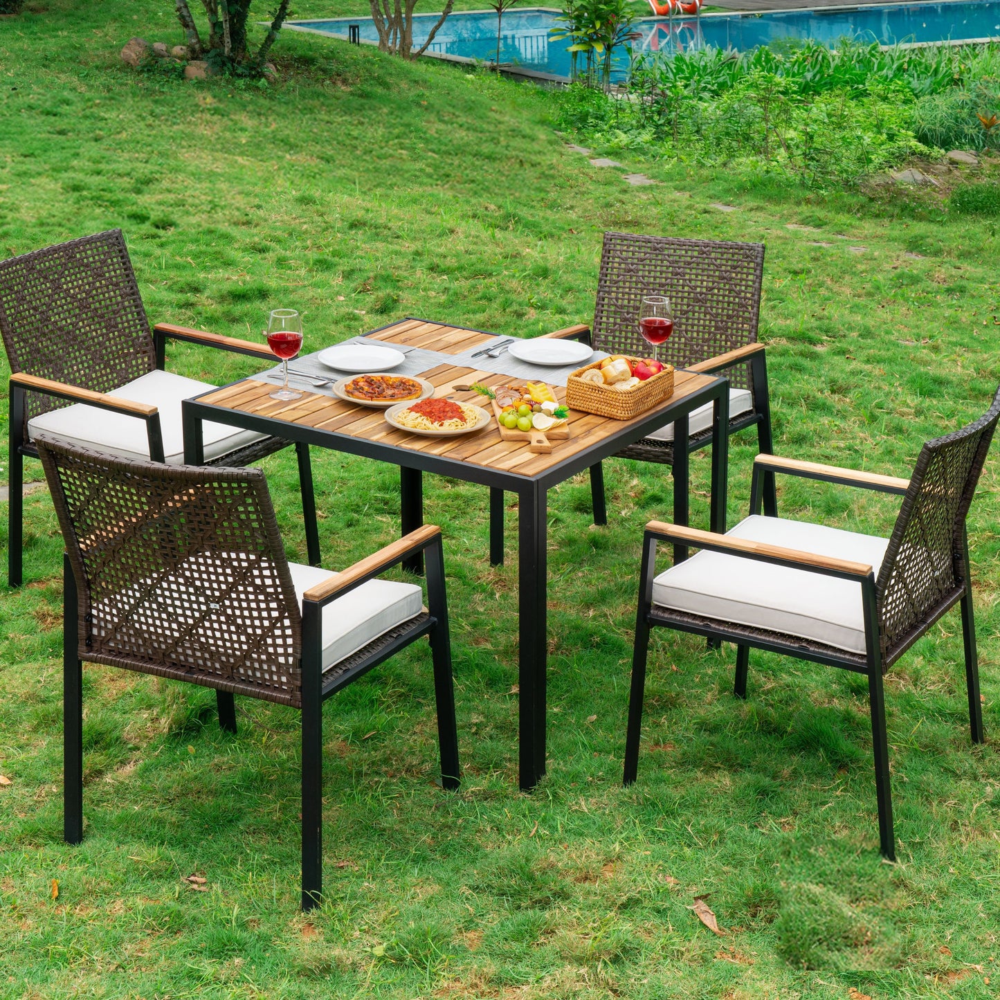 All Weather 5 Piece Patio Dining Table Set, Acacia Wood Table Top With Umbrella Hole, Rattan Outdoor - Coffee Brown