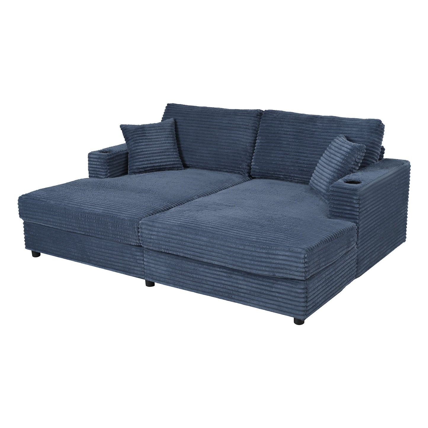 Oversized Loveseat Chaise Lounge Sectional Sofa Bed Corduroy Sleeper Sofa With 2 USB Ports, 2 Cup Holders And 2 Throw Pillows For Living Room And Bedroom - Blue