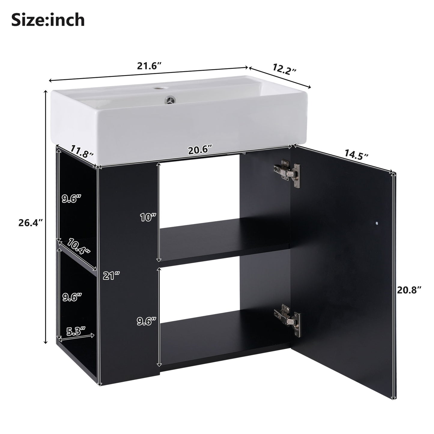 Modern Floating Bathroom Vanity With Ceramic Basin, Perfect For Small Bathrooms, Left Side Storage - Black