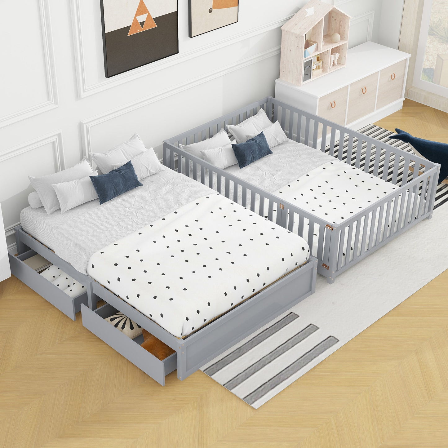 Full Size Daybed With Fence Guardrails And 2 Drawers - Gray