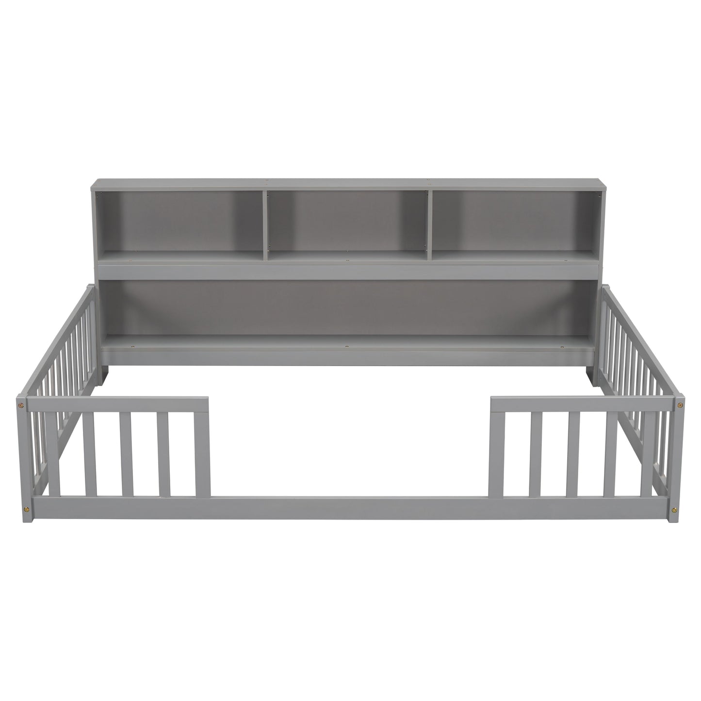 Full Floor Bed With Side Bookcase, Shelves, Guardrails - Gray