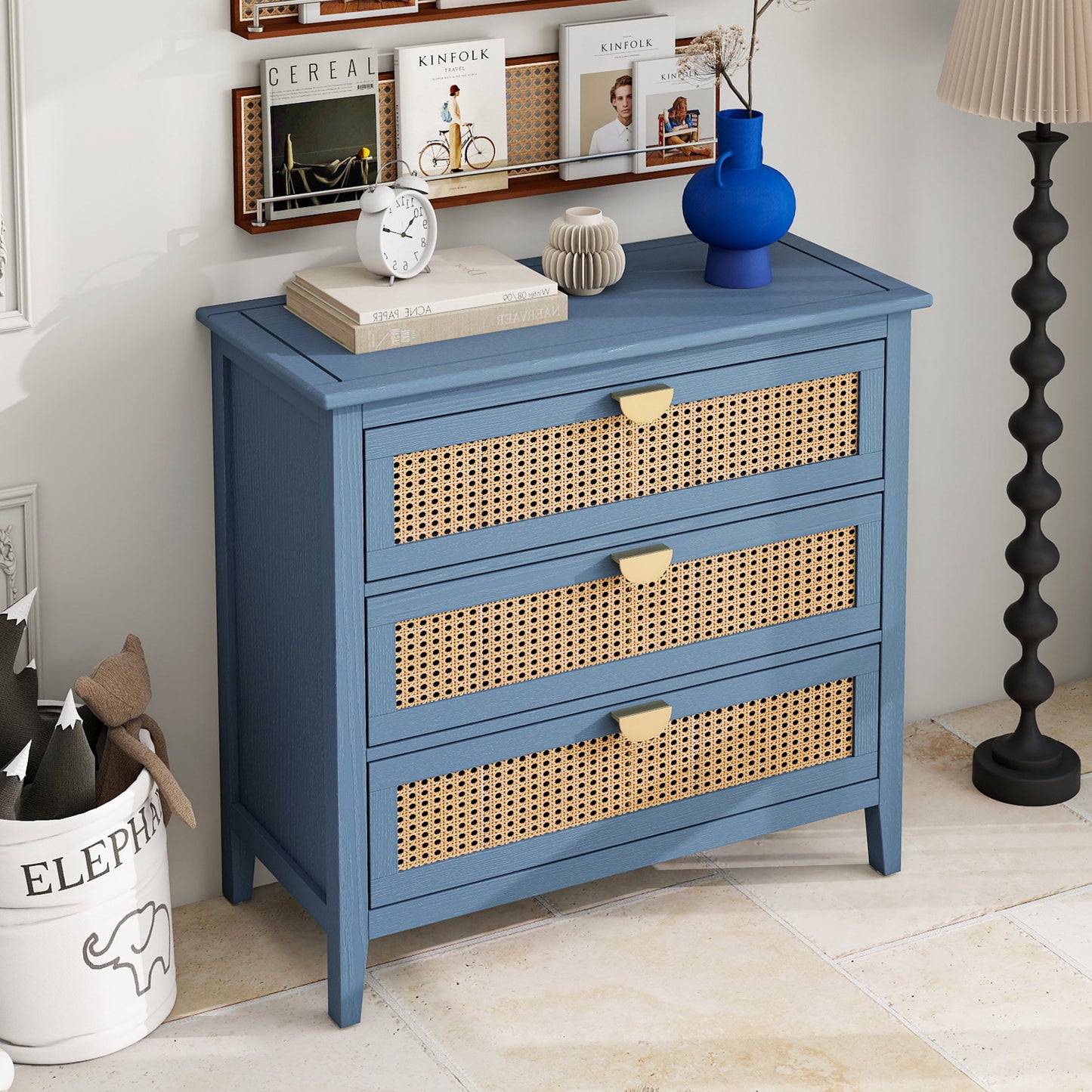 3 Drawer Cabinet Natural Rattan Suitable For Bedroom - Blue