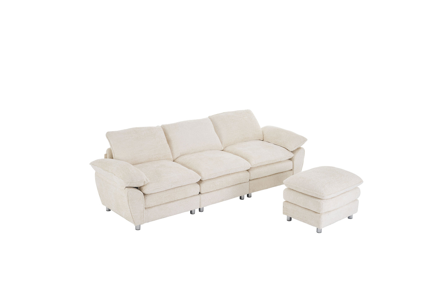 Modern Deep 3 Seat Sofa Couch With Ottoman, Polyester Sofa Sleeper Comfy Upholstered Furniture For Living Room - Beige