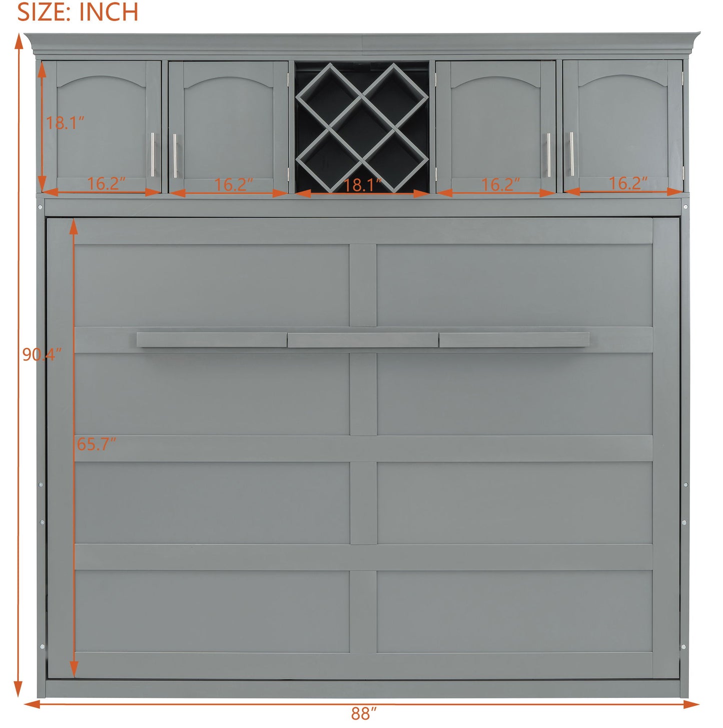 Queen Size Murphy Wall Bed With Top Cabinets & Wine Rack - Gray