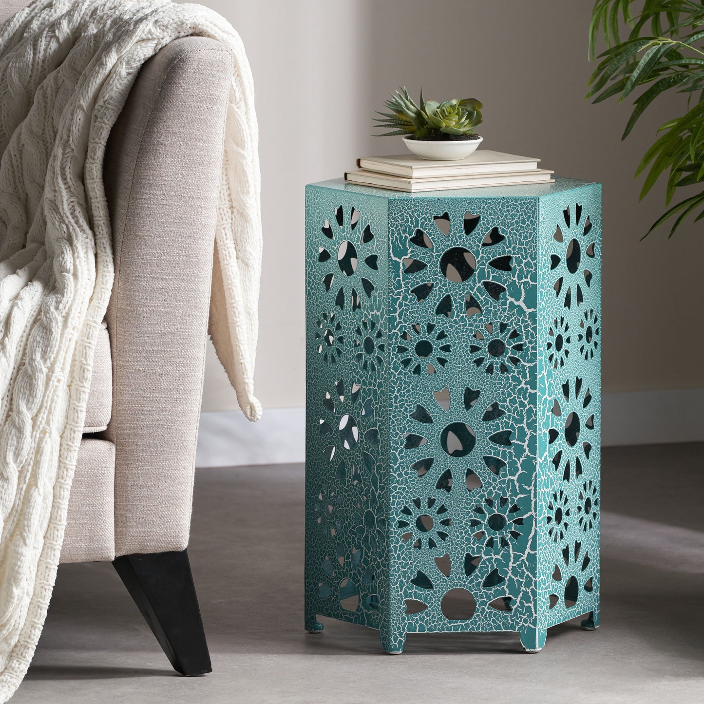 Galore - Side Table With Sunburst Cut Out Design - Teal