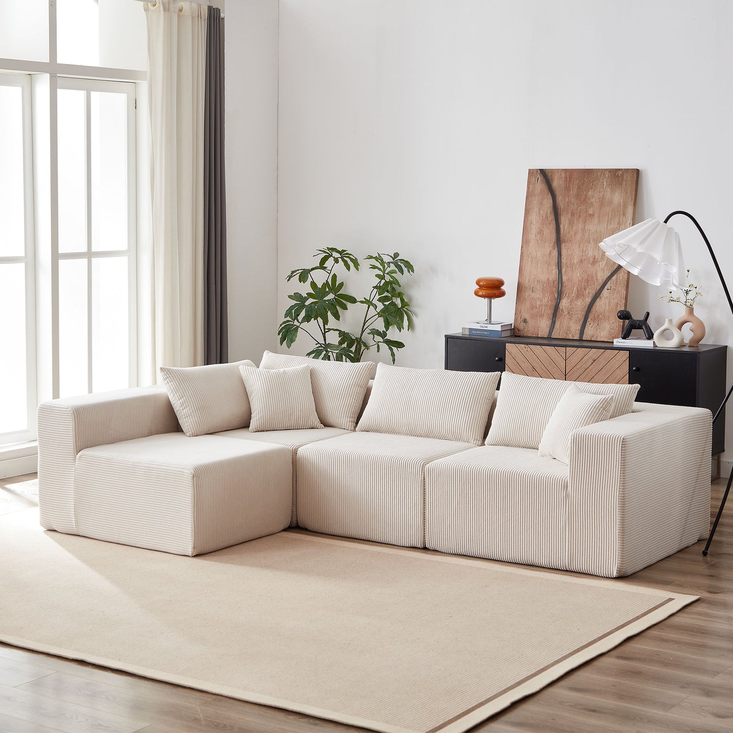 Corduroy Modular L Shaped Sectional Sofa, Luxury Floor Couch Set, 4 Piece Free Combination - Beige