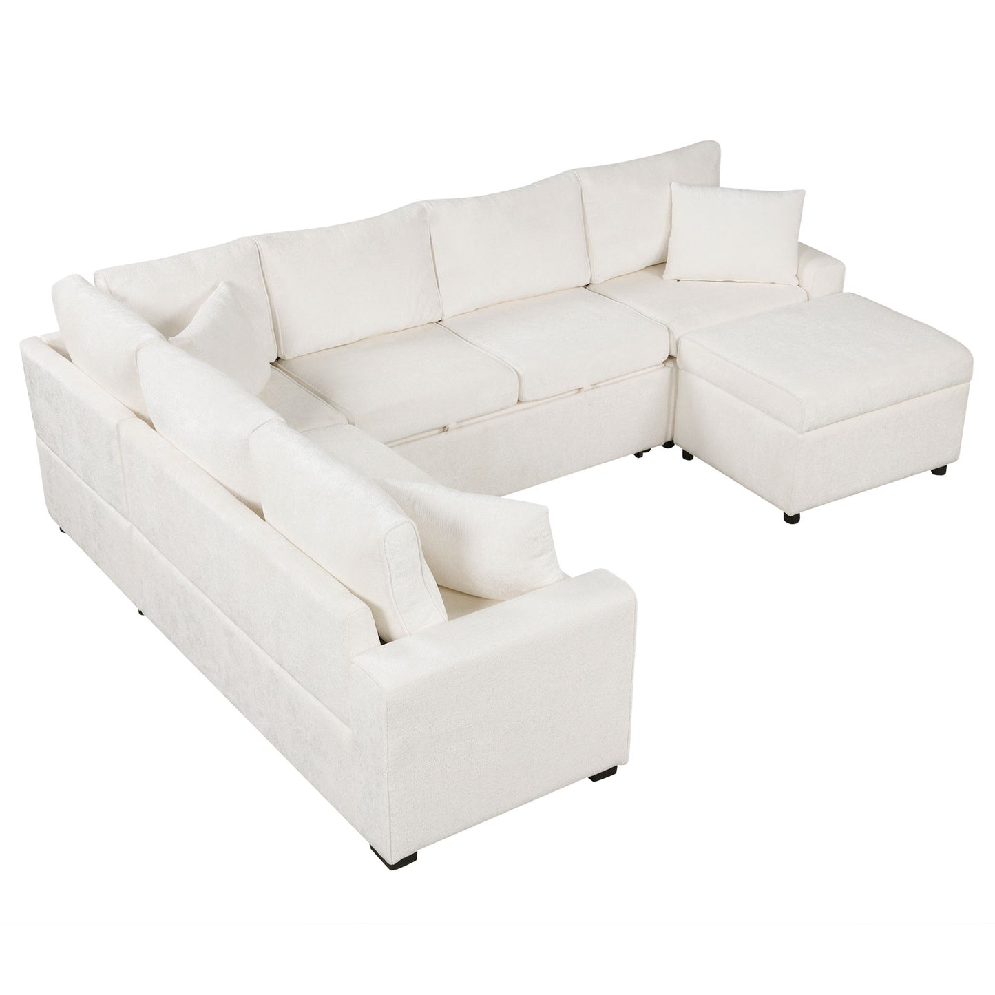 Sectional Sofa Pull-Out Sofa Bed Sleeper With A Storage Ottoman, Three Pillows And Charging Devices For Living Room - Cream