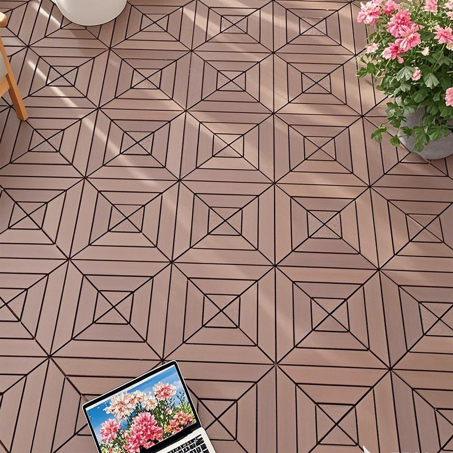 Plastic Interlocking Deck Tiles, 44 Pack, Waterproof Outdoor All Weather Use - Red Brown