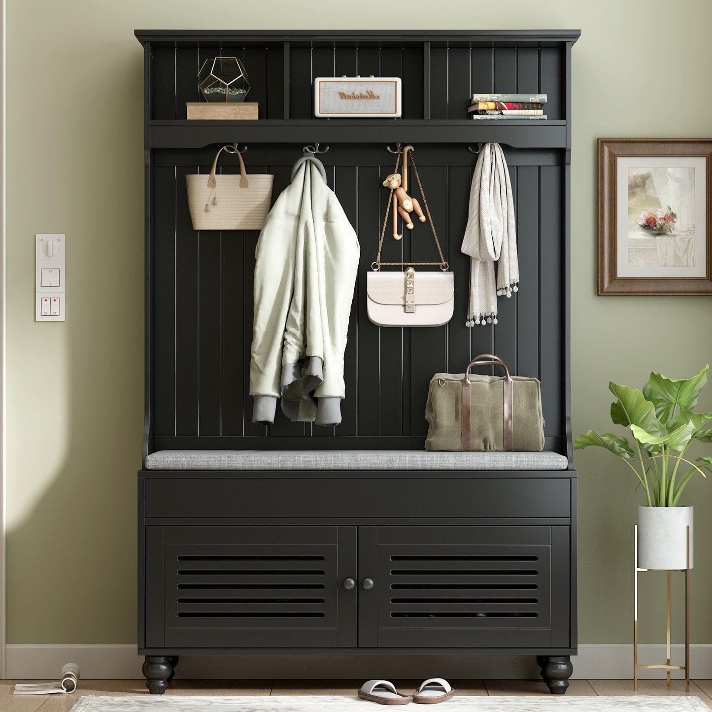 5 In 1 Entryway Bench With Shutter - Shaped Doors, Coat Rack, Cushion And 4 Sturdy Hooks, Wide Hall Tree With Storage Bench For Hallway, Entryway, Living Room - Black
