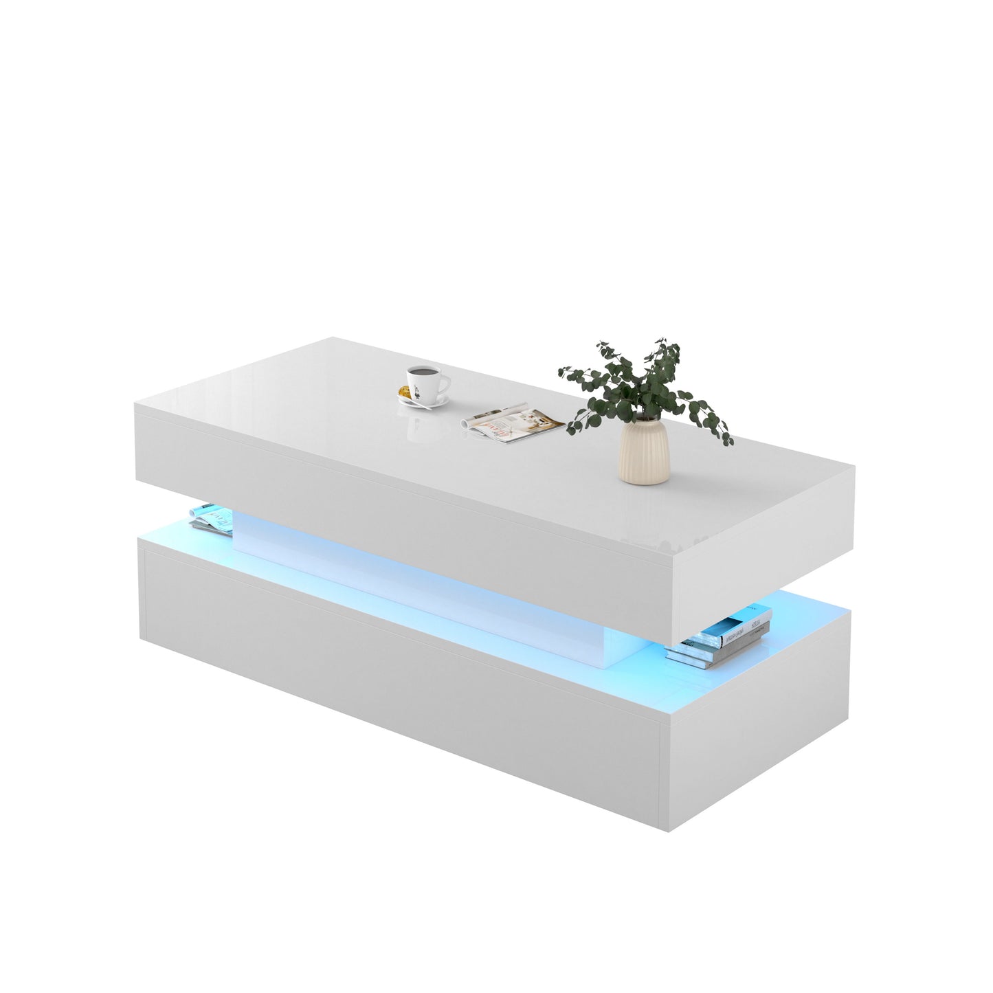 Contemporary Foldable Coffee Table With Drawers And LED White & Metal 3 Tier Design - White