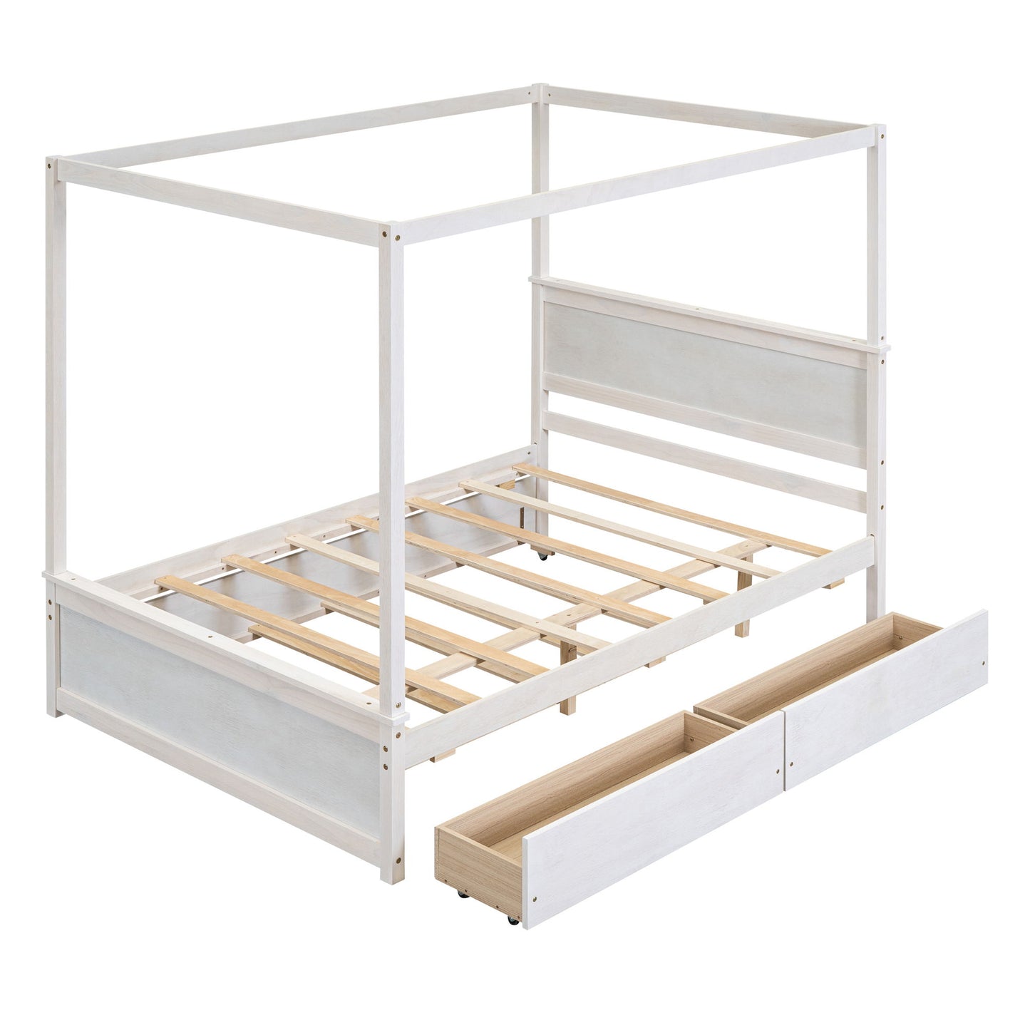 Full Size Canopy Platform Bed With Trundle Bed And 2 Drawers, Support Slats, No Box Spring Needed - Brushed White