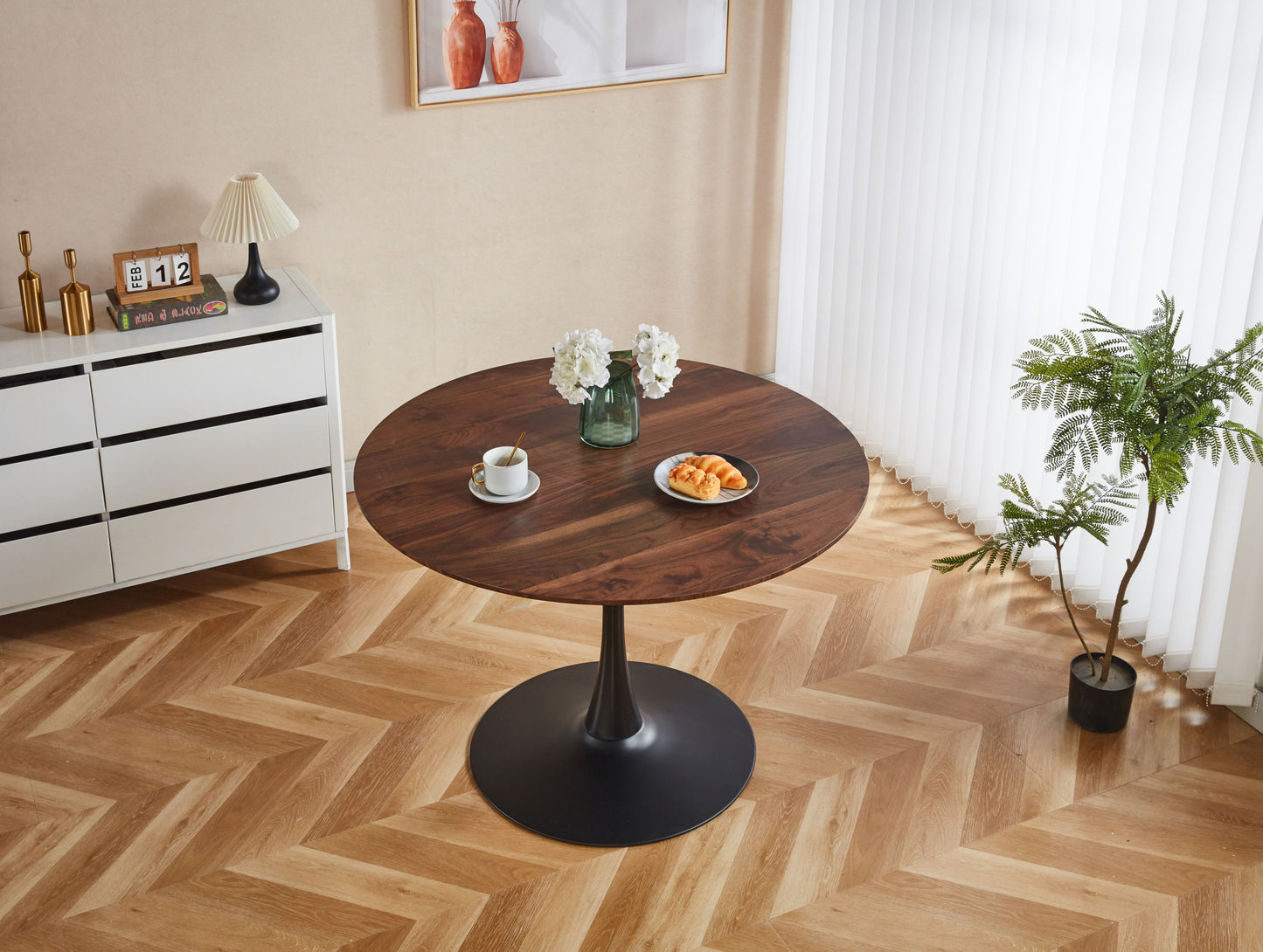 Tulip Table Mid-Century Dining Table For 4 - 6 People With Round MDF Table Top, Pedestal Dining Table, End Table Leisure Coffee Table - Walnut