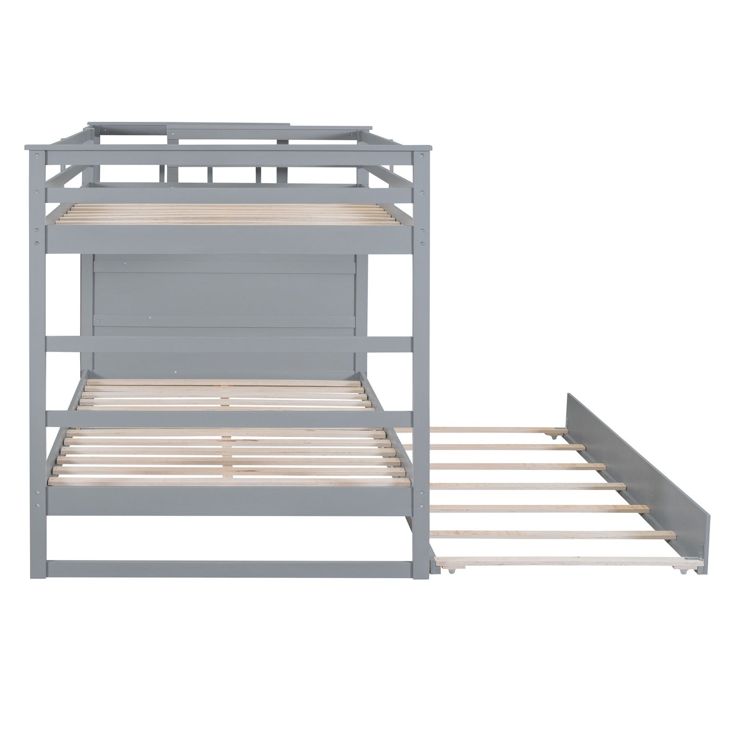 Full Over Full Bunk Bed With Twin Size Trundle And Staircase - Gray