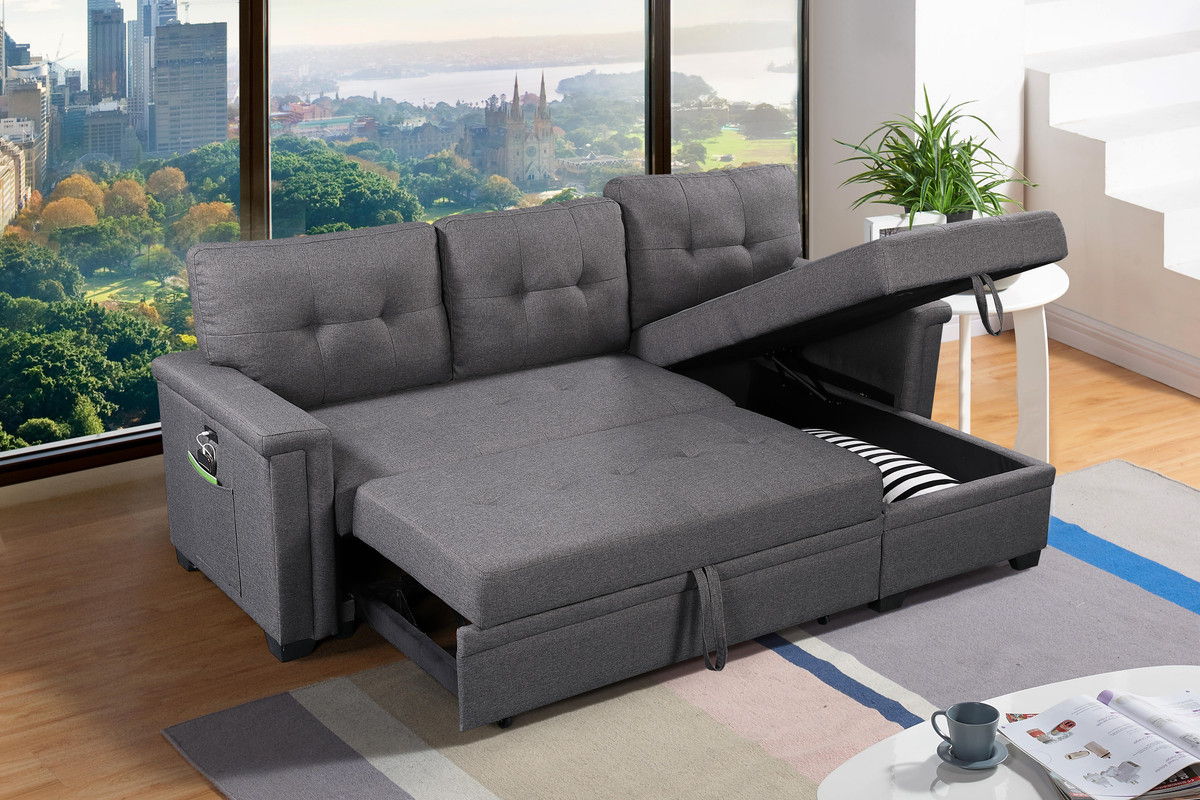 Ashlyn - Reversible Sleeper Sectional Sofa With Storage Chaise, USB Charging Ports nd Pocket - Dark Gray