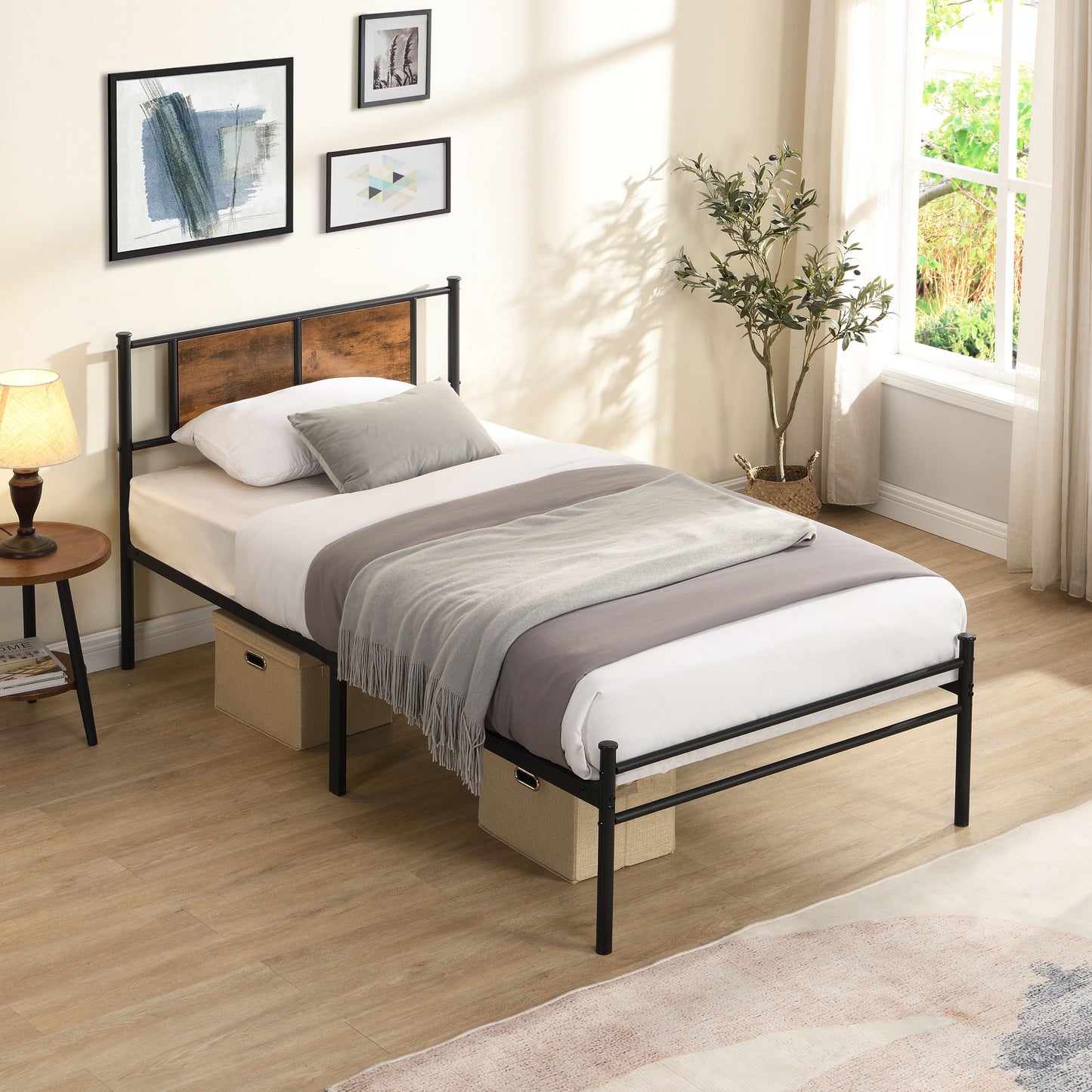Modern Twin Long Size Metal Bedframe With Wood Panel Headboard - Black / Brown