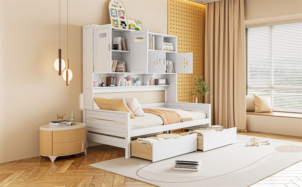 Twin Size Daybed With 2 Drawers And All In One Cabinet And Shelf - White