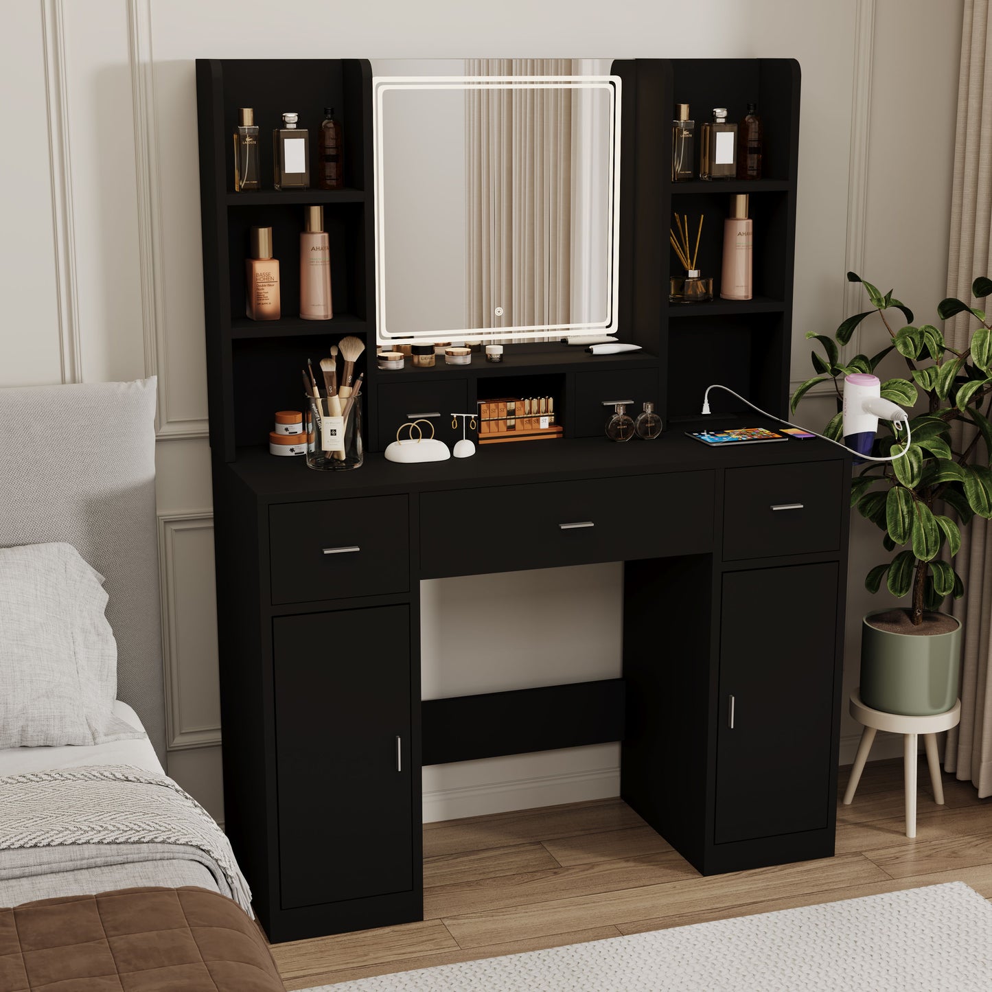 43.31" Newly Designed Smart Mirror Dressing Table With Drawers And Storage Cabinet, Dressing Table With Dressing Pad For Bedroom, Dressing Room - Black