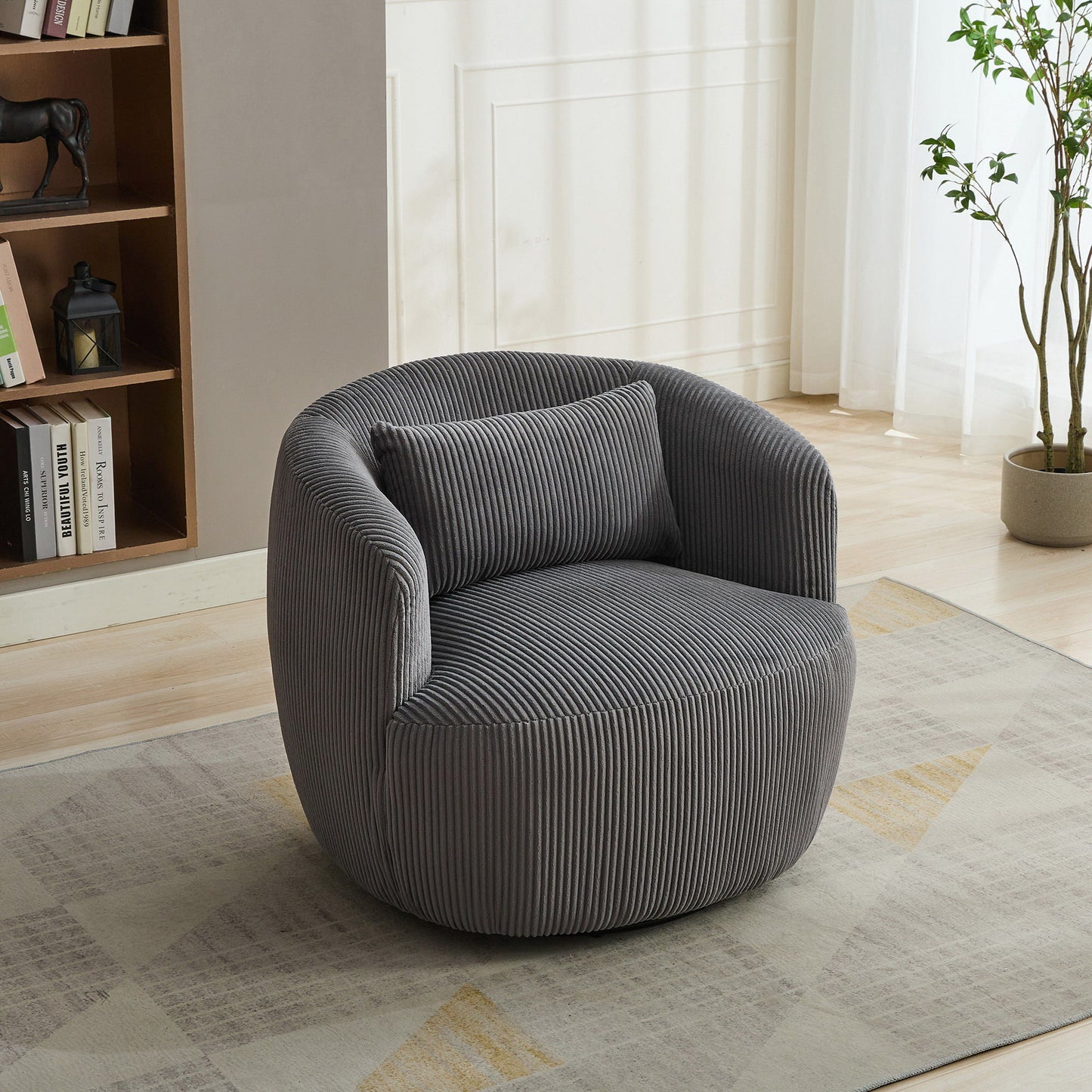 Upholstered Metal Base 360 Degree Swivel Barrel Soft Chair With Pillow, For Club, Living Room, Bedroom, Office As Well As Reading Armchair - Charcoal